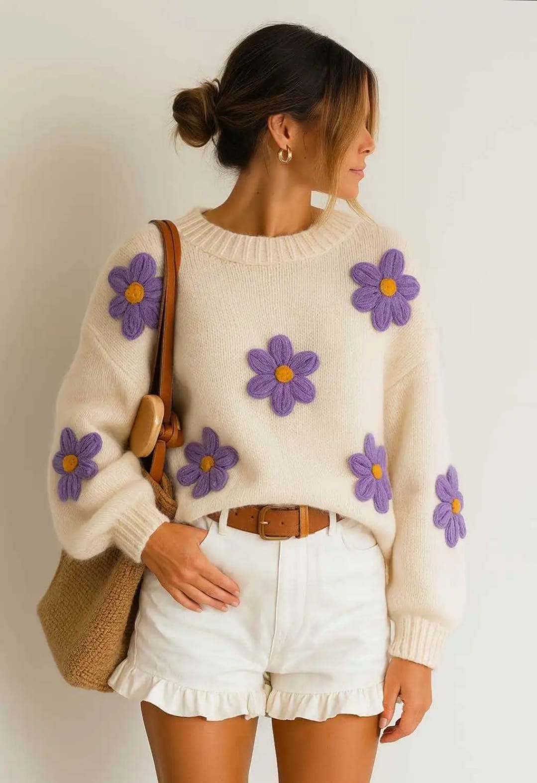 Camisola de Malha com Aplicações de Margaridas e Punhos Canelados