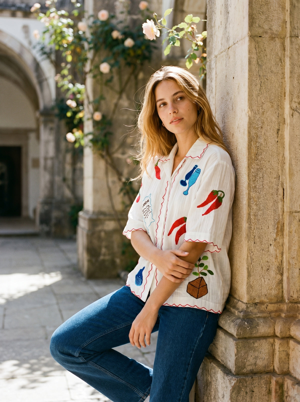 Market Motif Cotton Blouse With Scalloped Trim