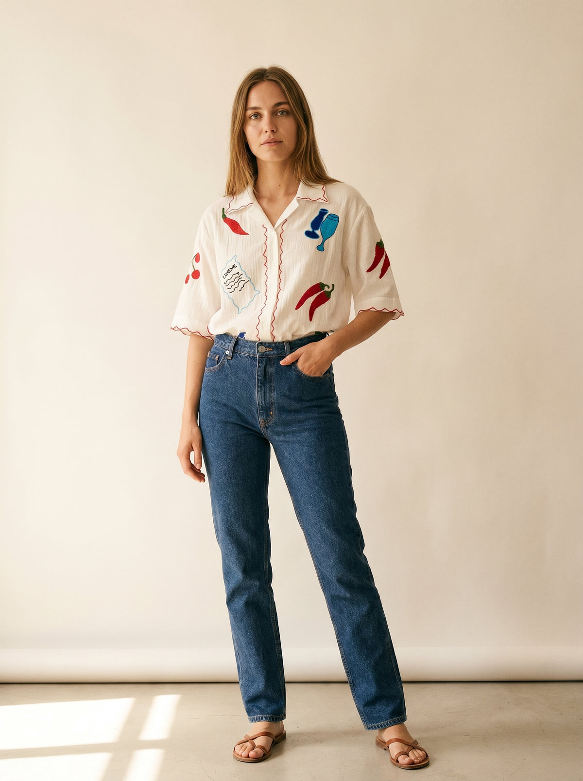 Market Motif Cotton Blouse With Scalloped Trim
