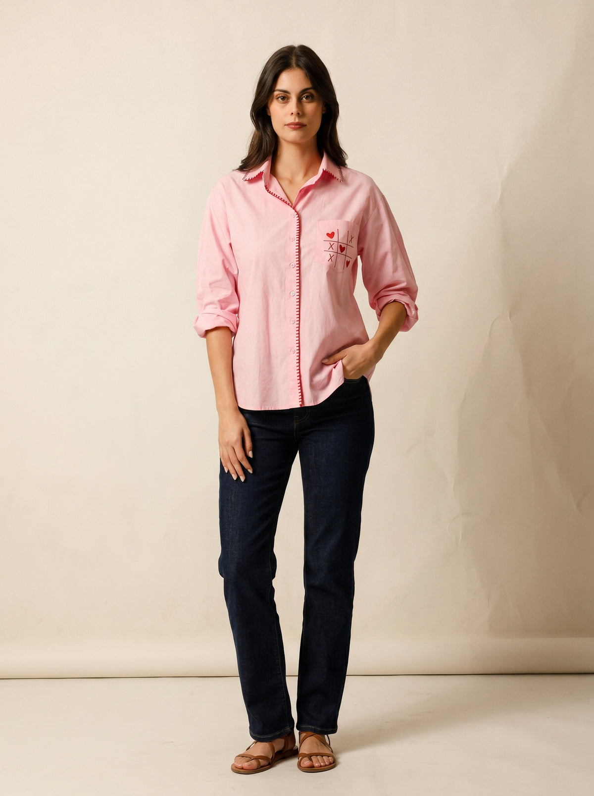 Tic-Tac-Toe Cotton Shirt With Red Stitching