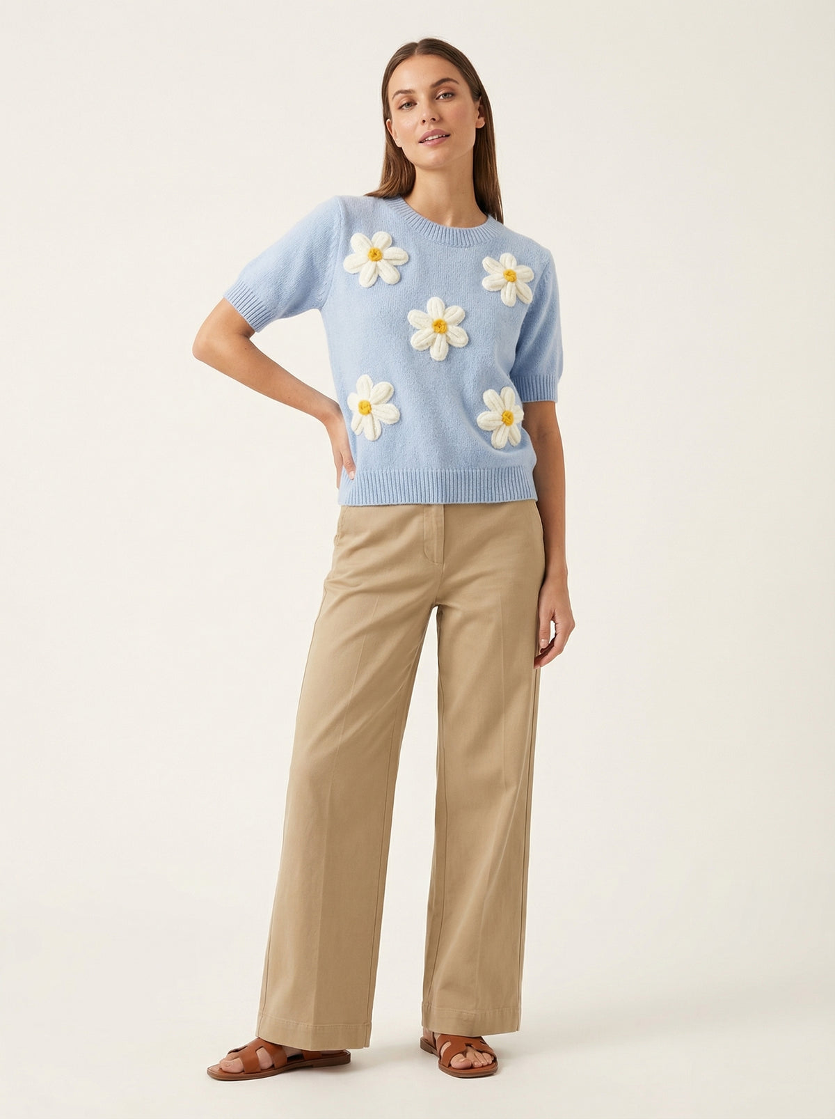 Daisy Short Sleeve Knit Sweater - Baby Blue - Full body studio shot on white background