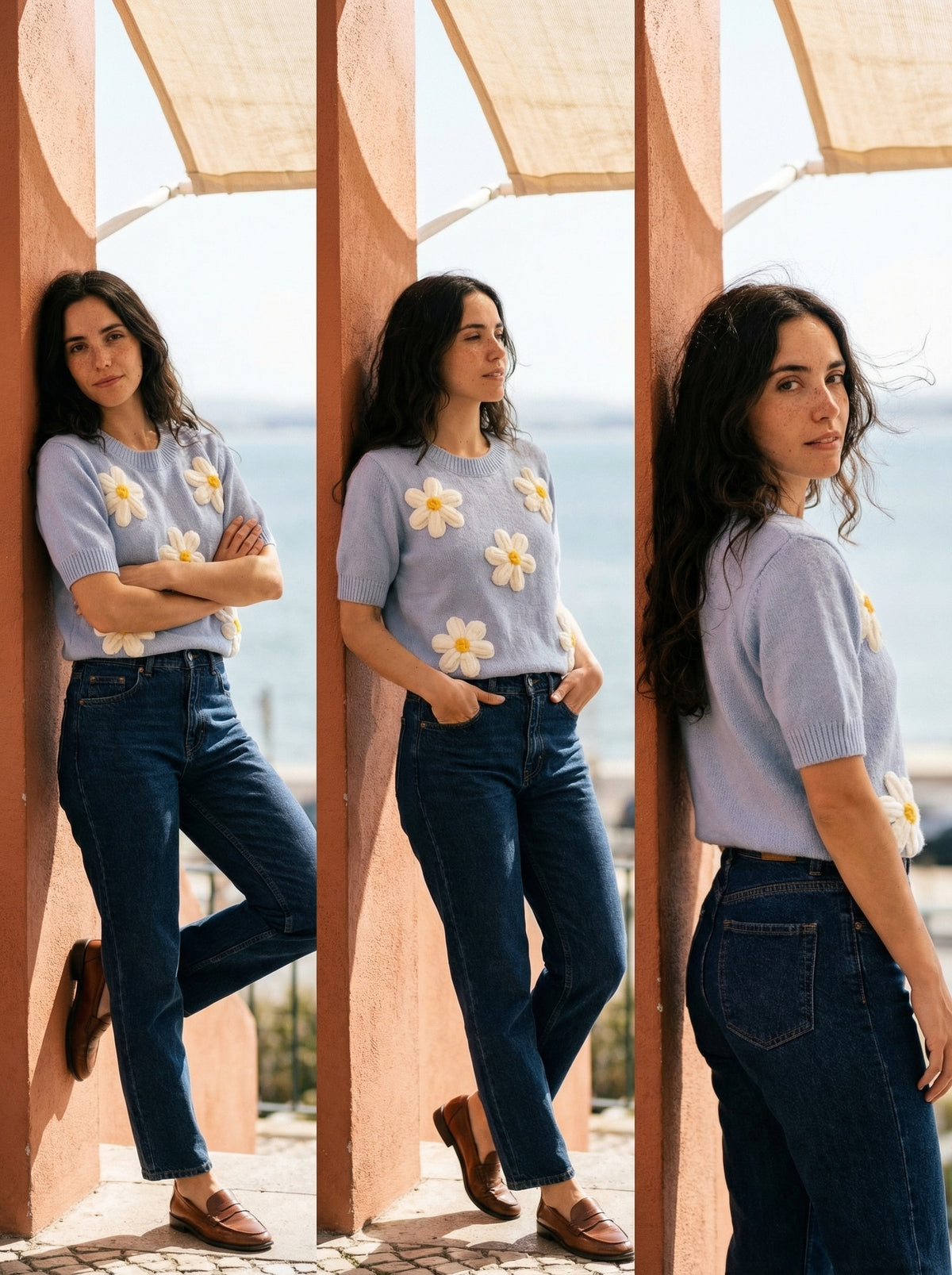 Daisy Short Sleeve Knit Sweater - Baby Blue - Lifestyle editorial shot