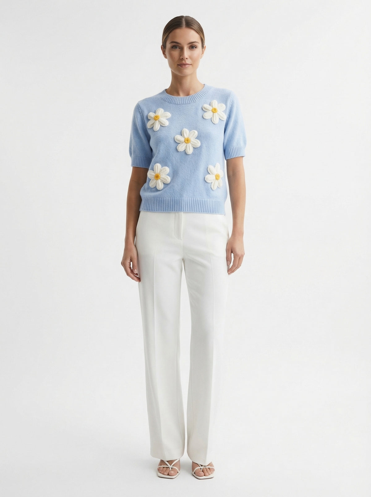 Daisy Short Sleeve Knit Sweater - Baby Blue - Lifestyle editorial shot