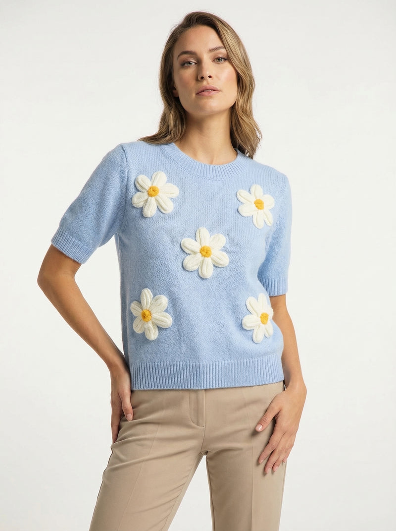 Daisy Short Sleeve Knit Sweater - Blue - Full body studio shot on white background