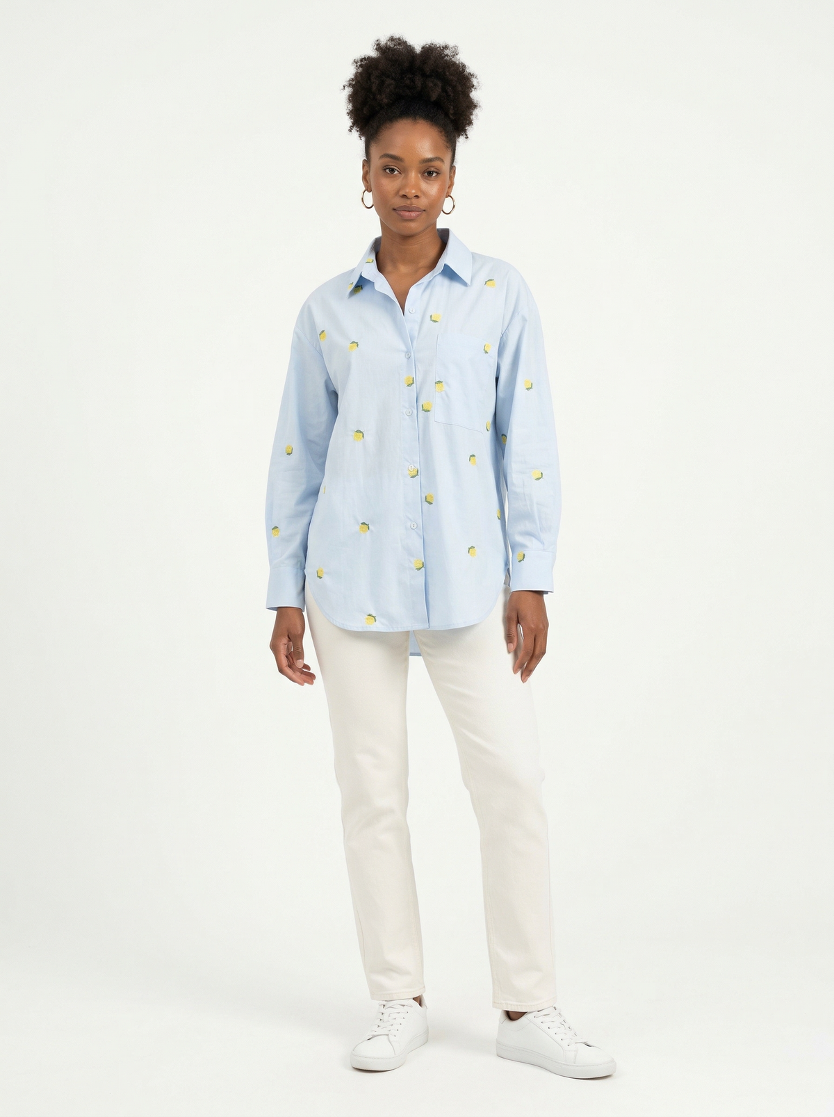 Lemon Embroidered Blouse - Blue - Full body studio shot on white background