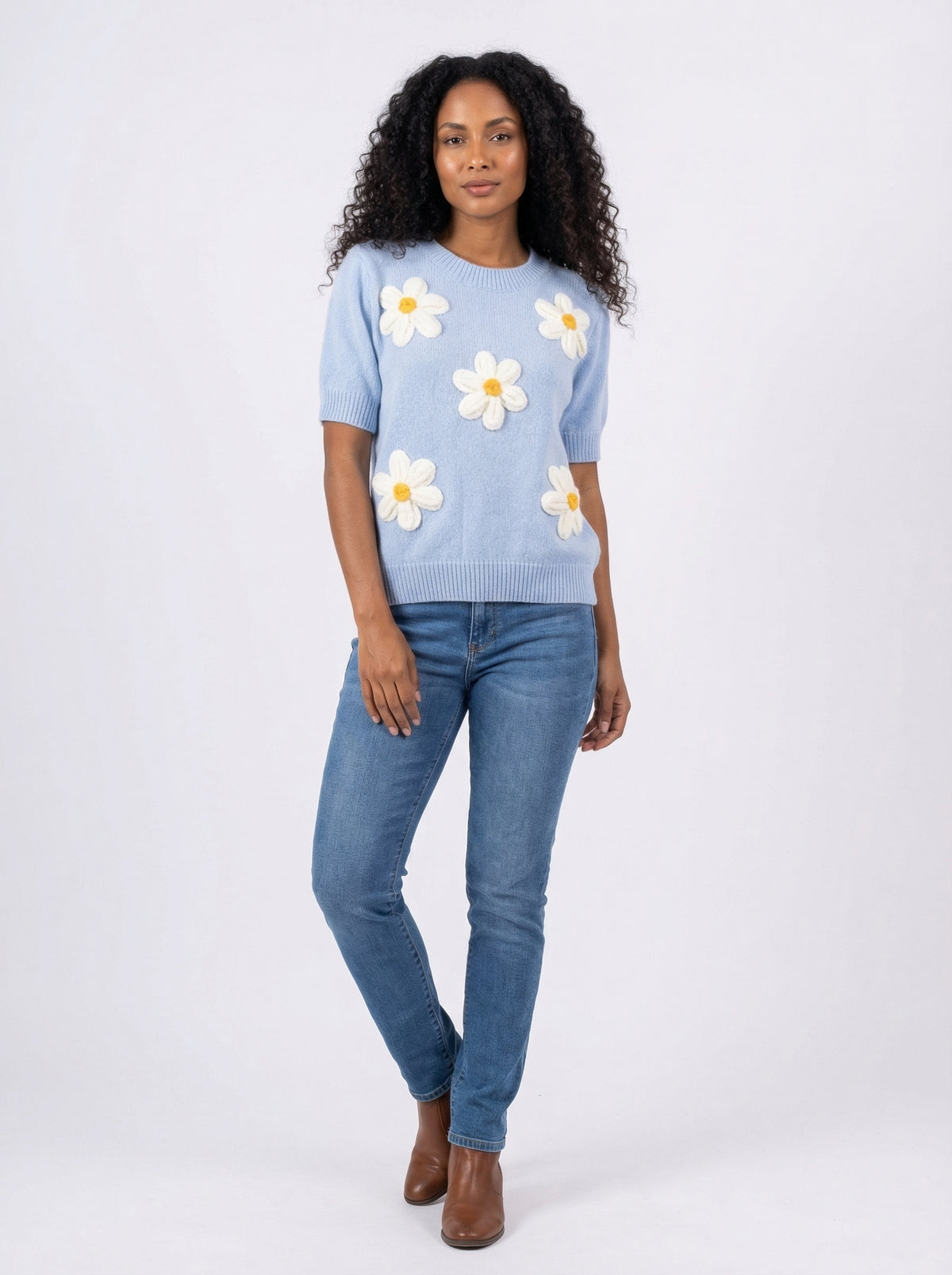 Daisy Short Sleeve Knit Sweater - Blue - Full body studio shot on white background
