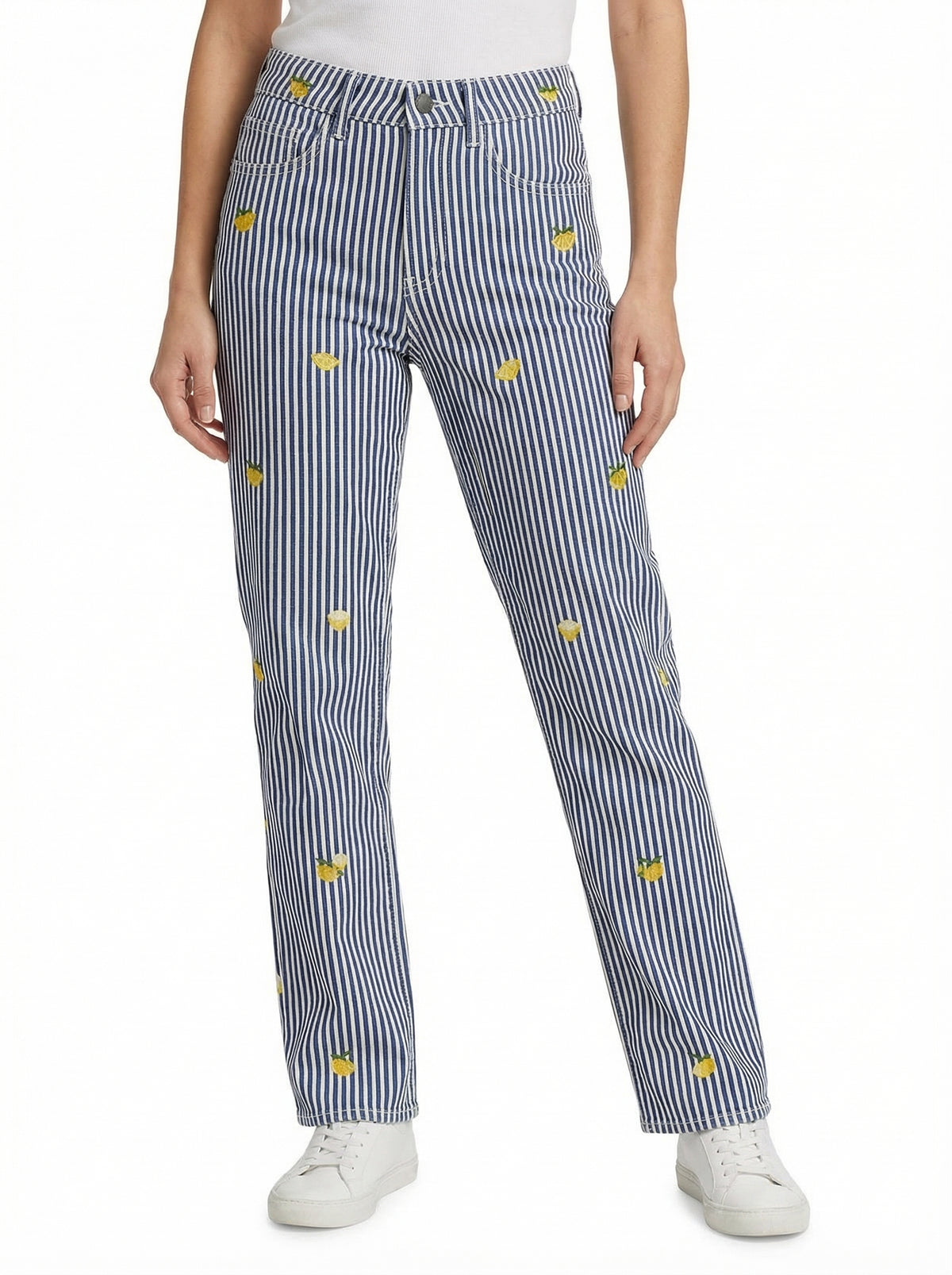Pinstripe Lemon Pants - Blue - Full body studio shot on white background