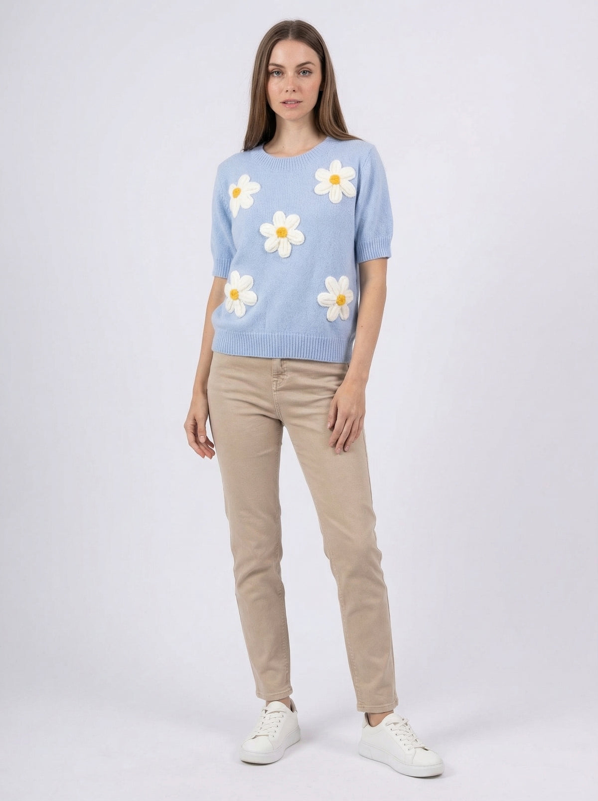 Daisy Short Sleeve Knit Sweater - Blue - Lifestyle editorial shot