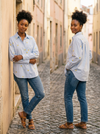 Lemon Embroidered Blouse - Blue - Lifestyle editorial shot