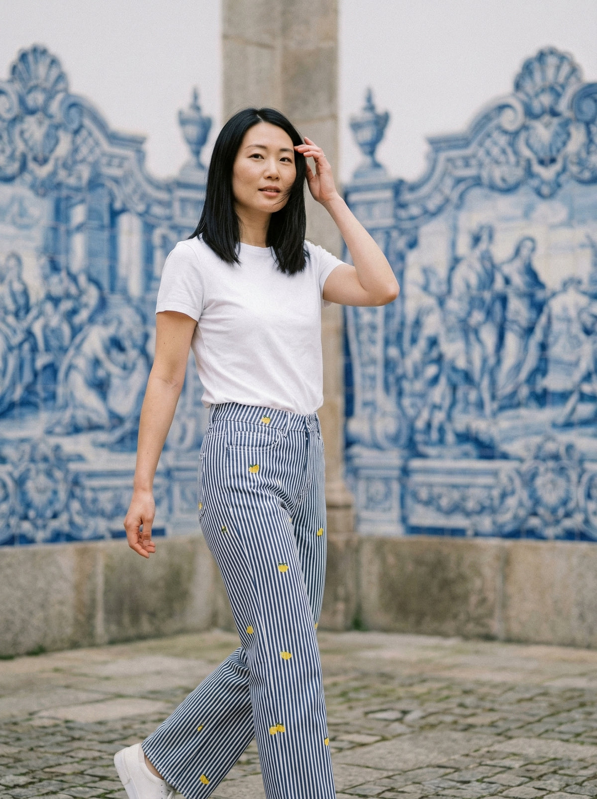 Pinstripe Lemon Pants - Blue - Lifestyle editorial shot