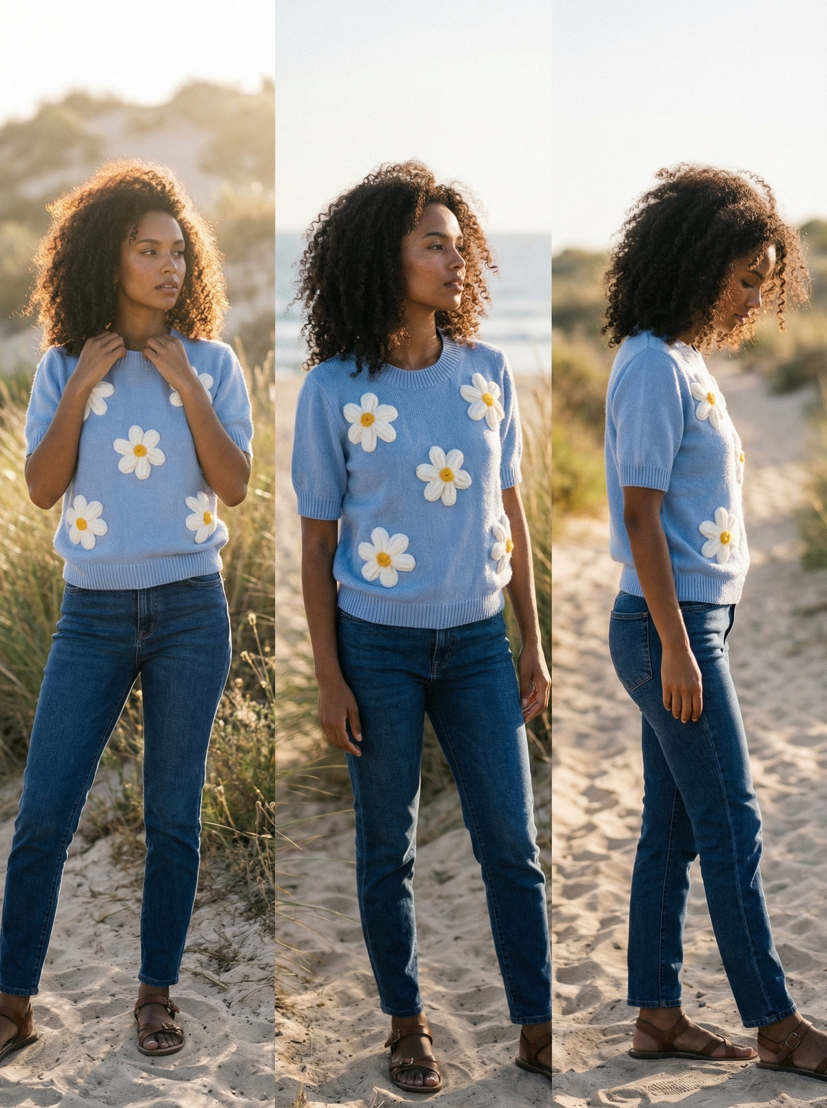 Daisy Short Sleeve Knit Sweater - Blue - Lifestyle editorial shot