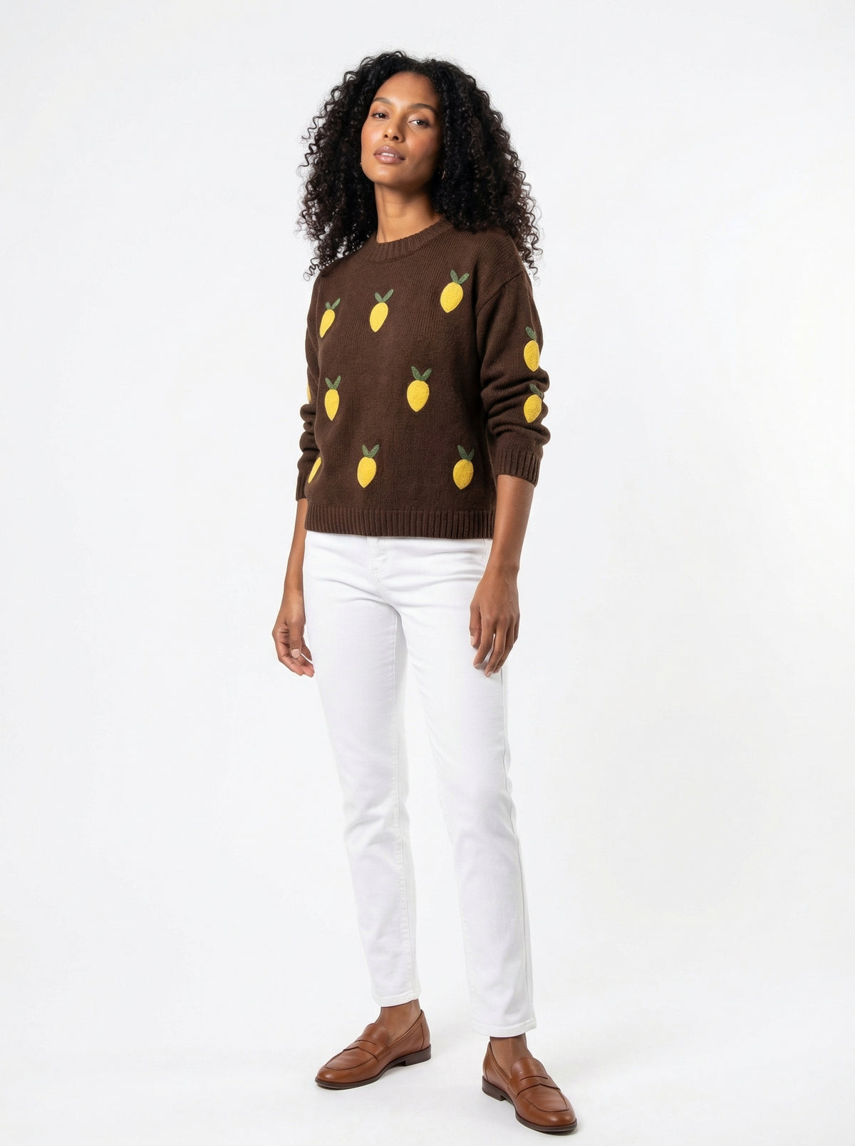 Lemon Knit Sweater - Brown - Full body studio shot on white background