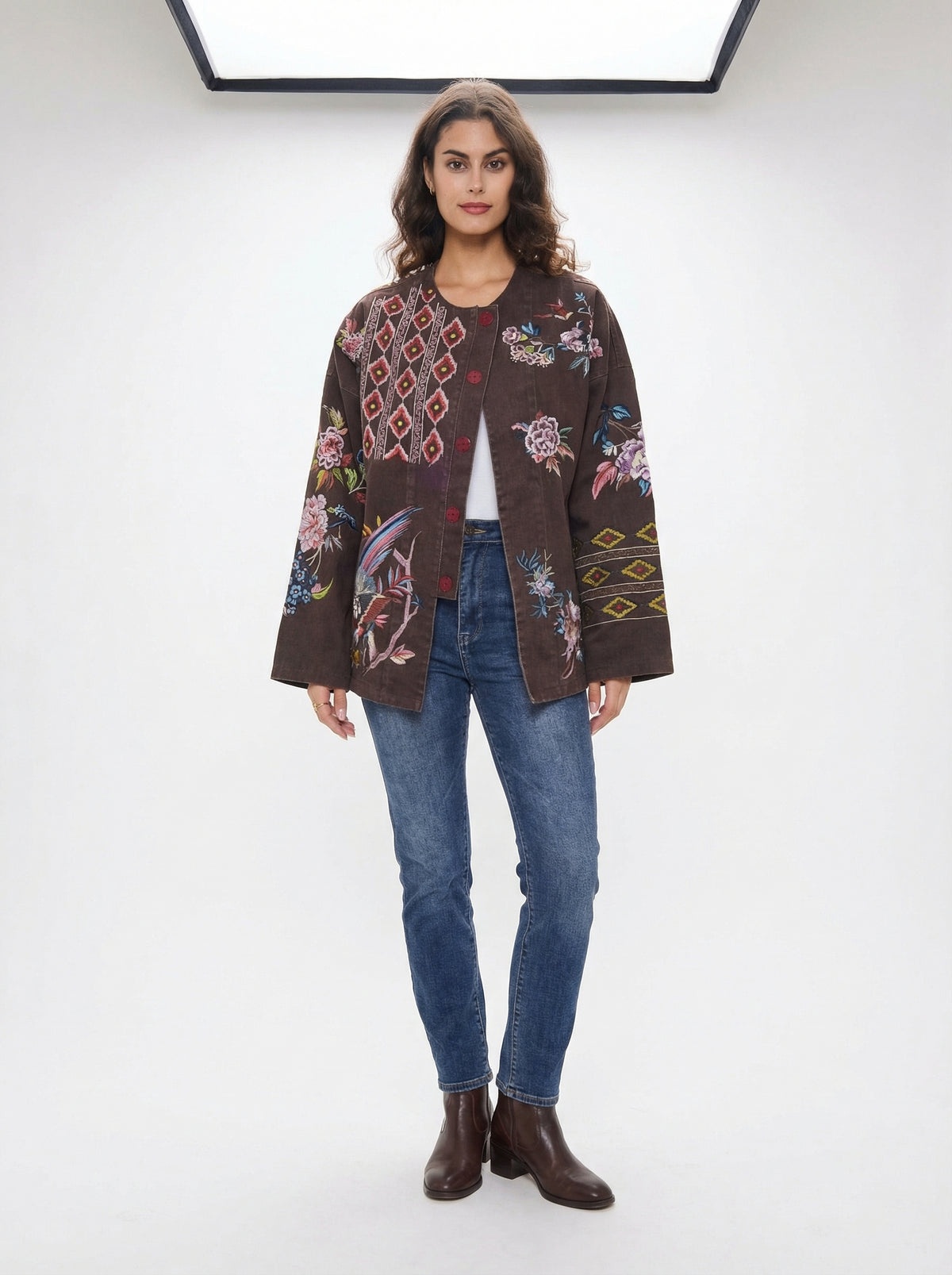 Artisan Embroidered Jacket - Brown - Full body studio shot on white background