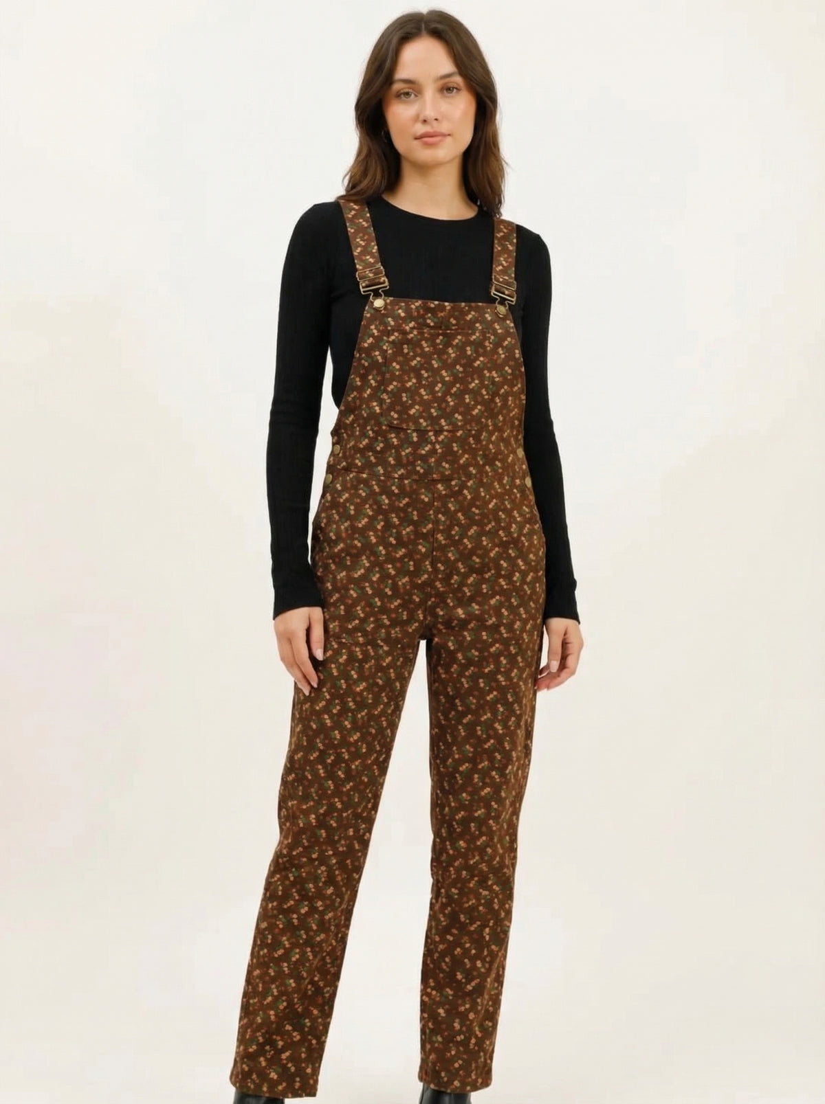 Overalls Flowers - Brown - Full body studio shot on white background
