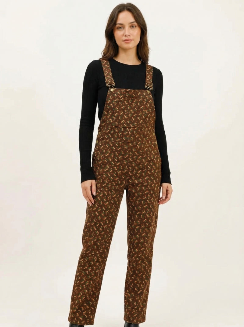 Overalls Flowers - Brown - Full body studio shot on white background