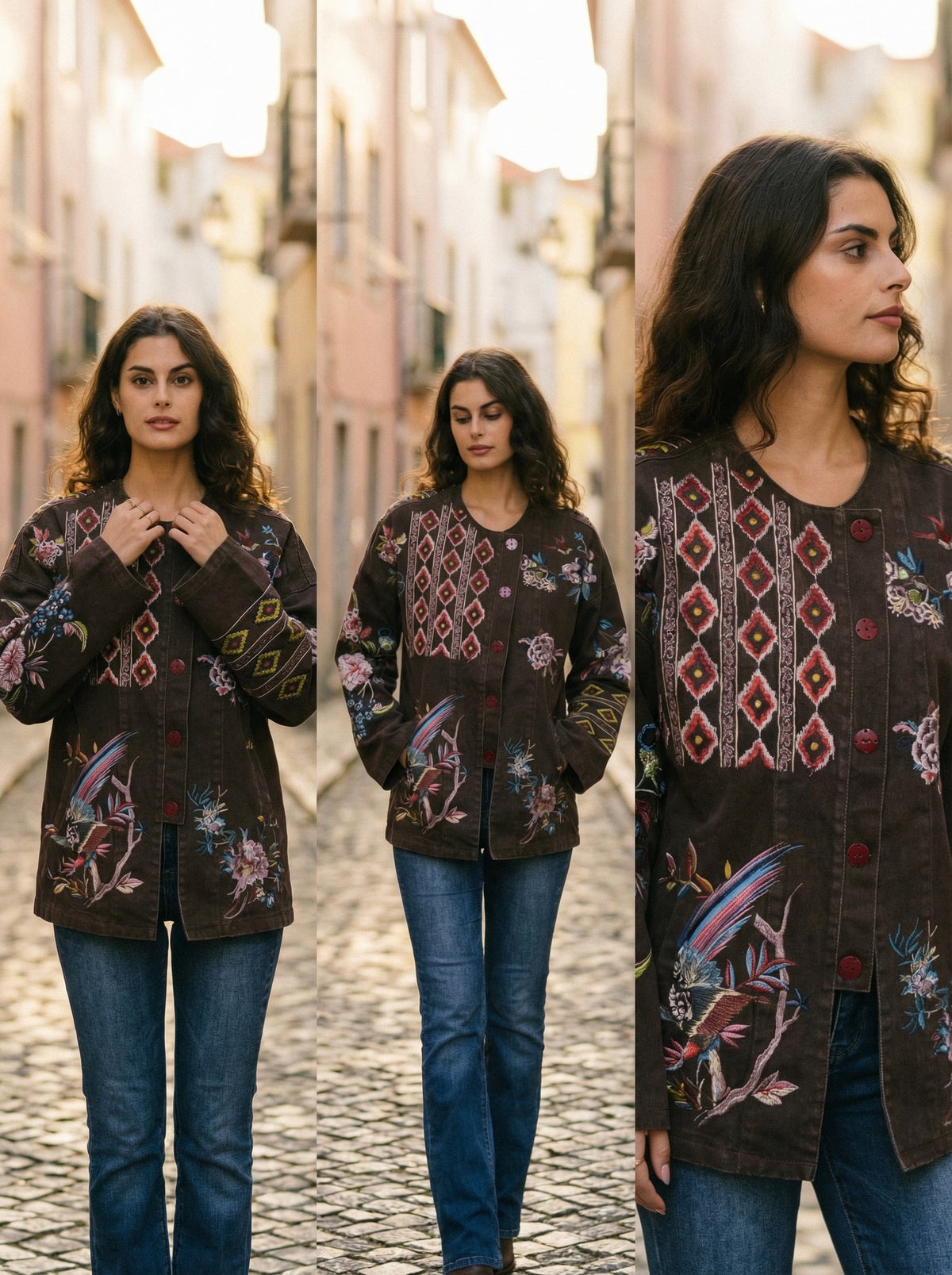 Artisan Embroidered Jacket - Brown - Lifestyle editorial shot