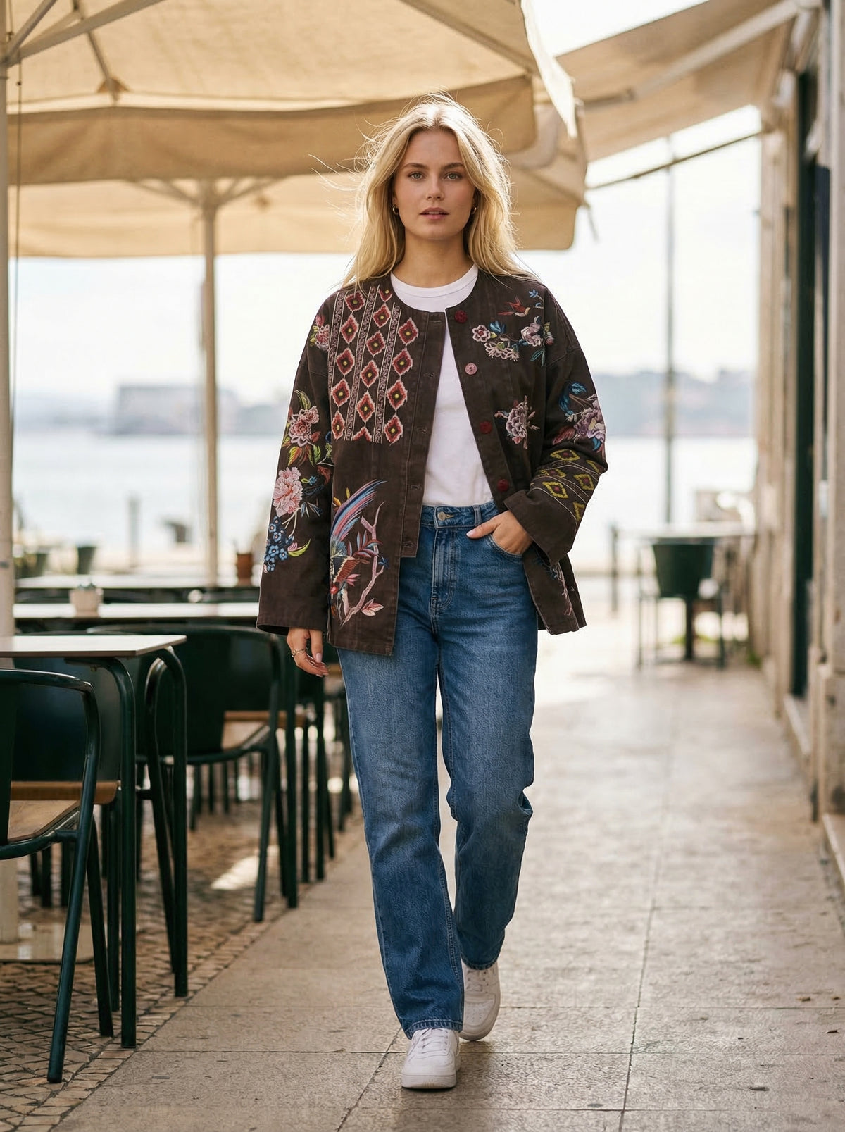 Artisan Embroidered Jacket - Brown - Lifestyle editorial shot