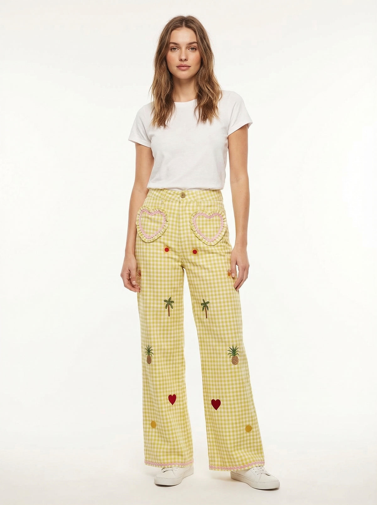 Vichy Embroidered Heart Pocket Pants - Checkered - Full body studio shot on white background