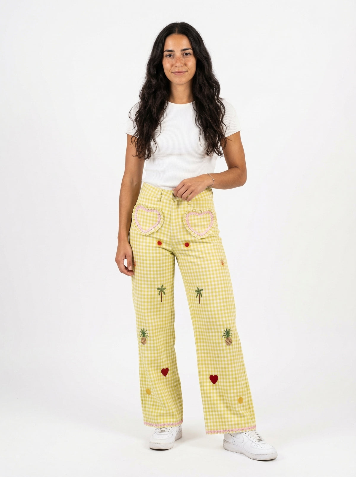 Vichy Embroidered Heart Pocket Pants - Checkered - Full body studio shot on white background