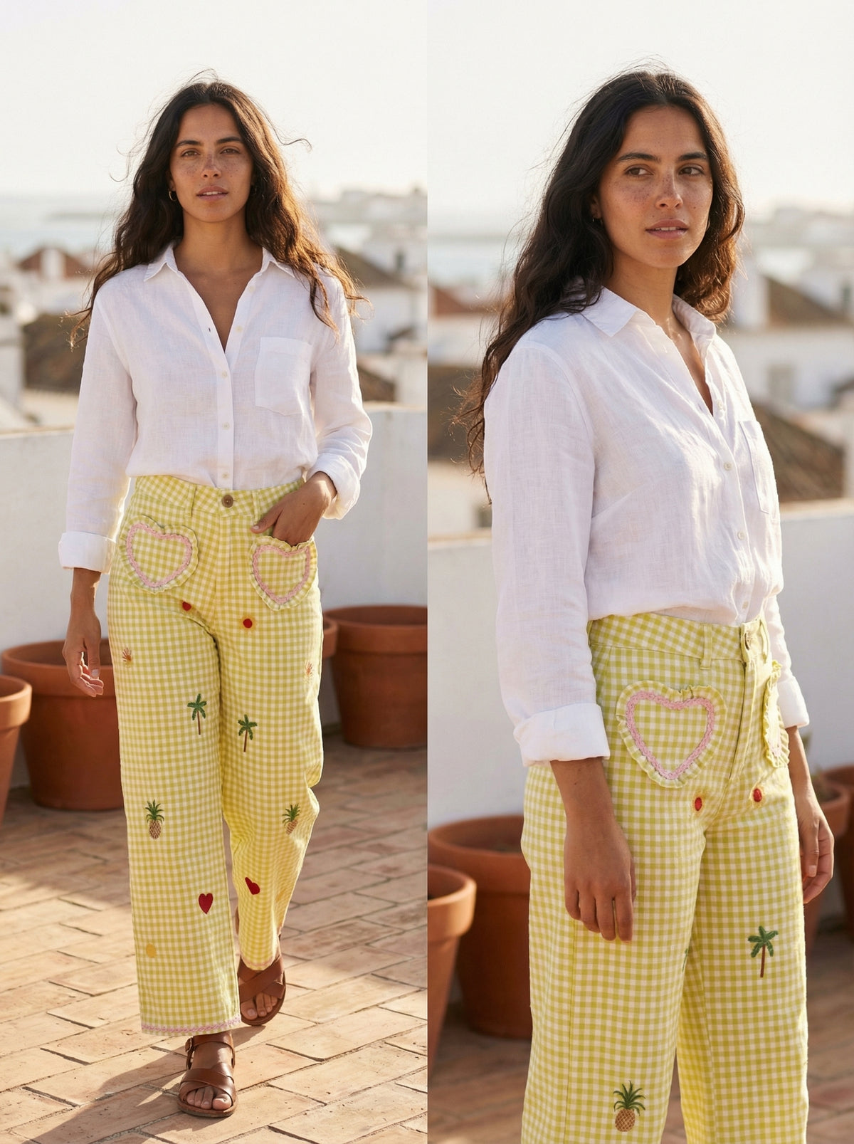 Vichy Embroidered Heart Pocket Pants - Checkered - Lifestyle editorial shot