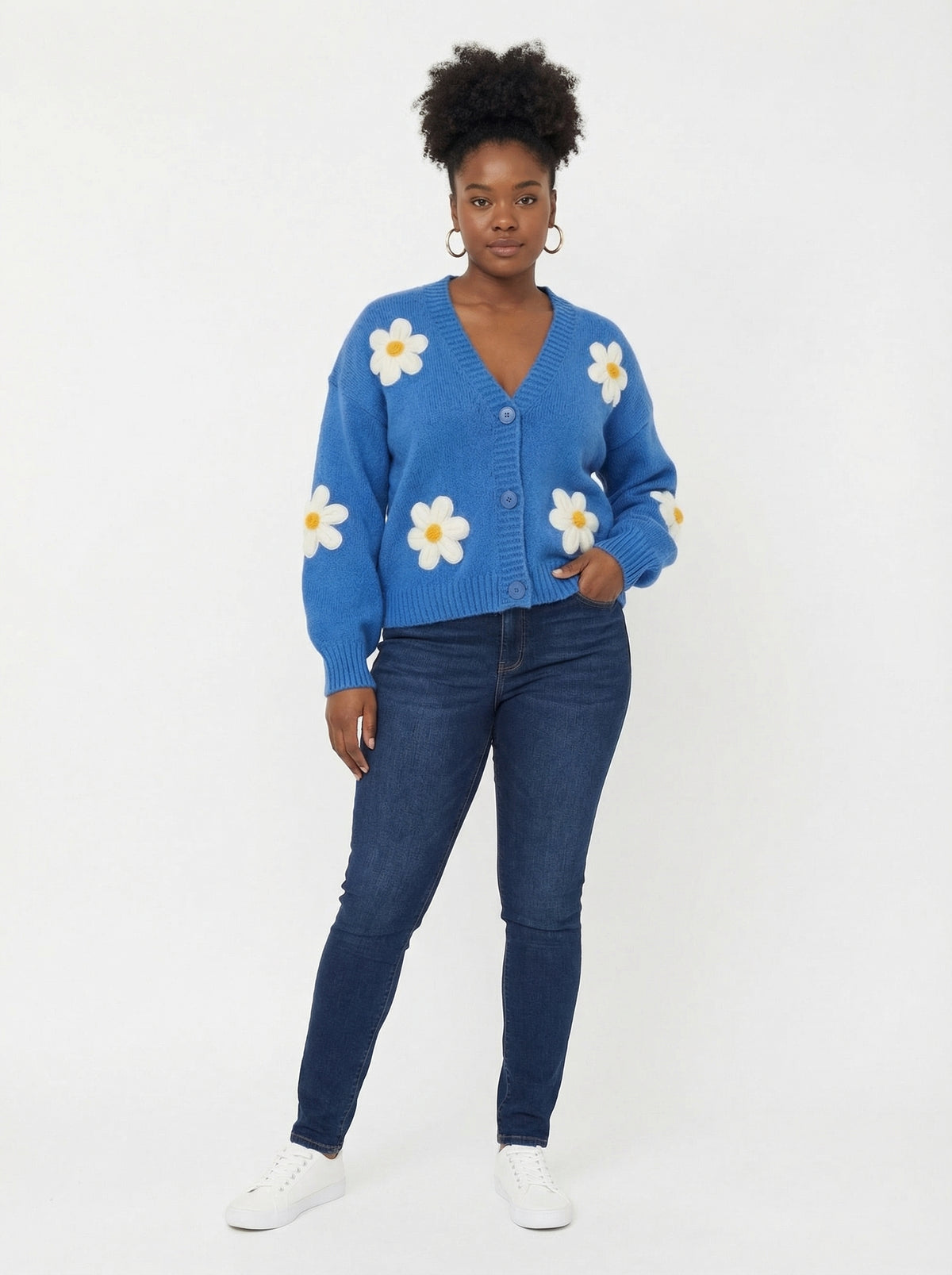 Cardigan Daisys - Cobalt Blue - Full body studio shot on white background