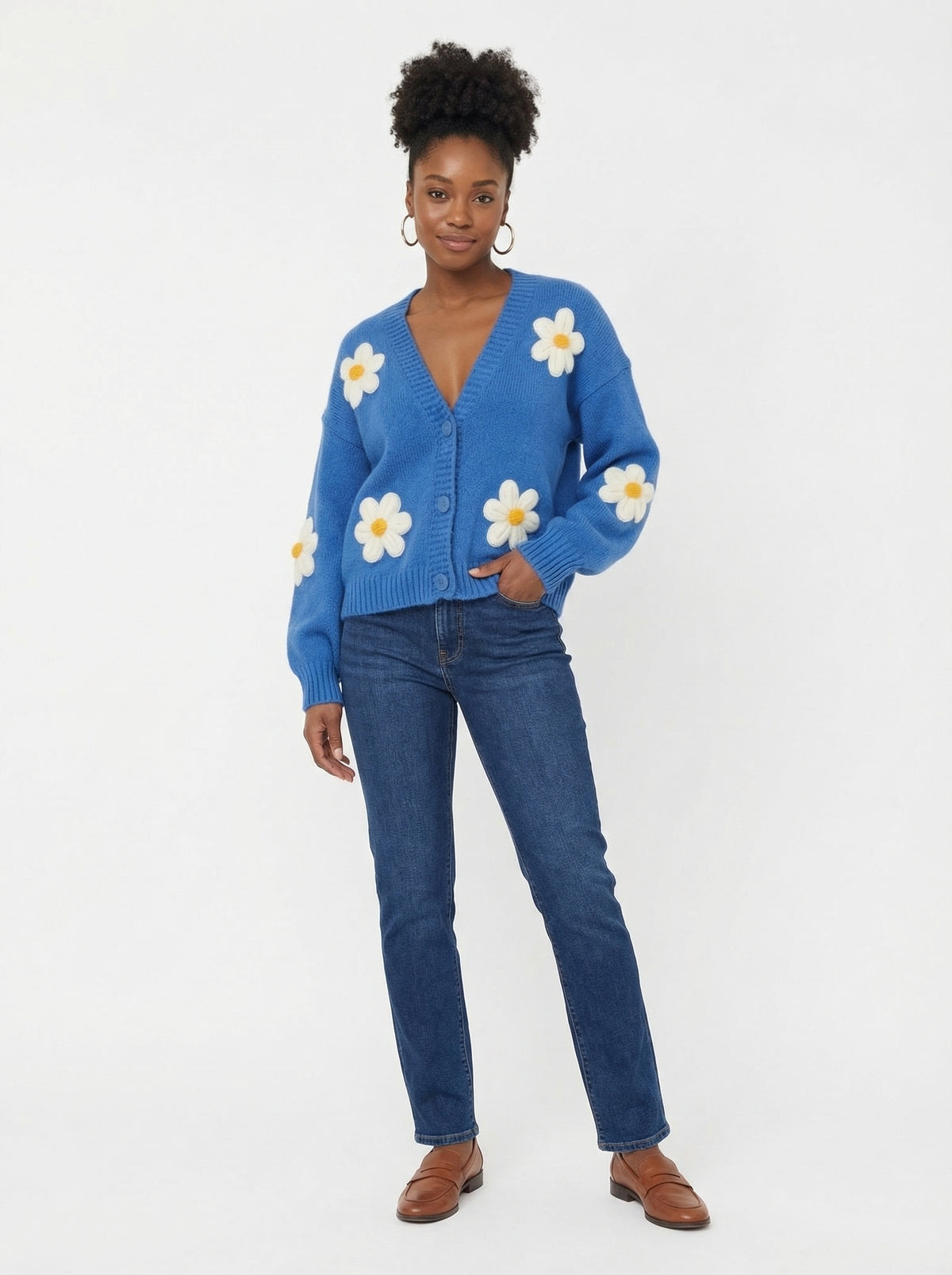 Cardigan Daisys - Cobalt Blue - Full body studio shot on white background