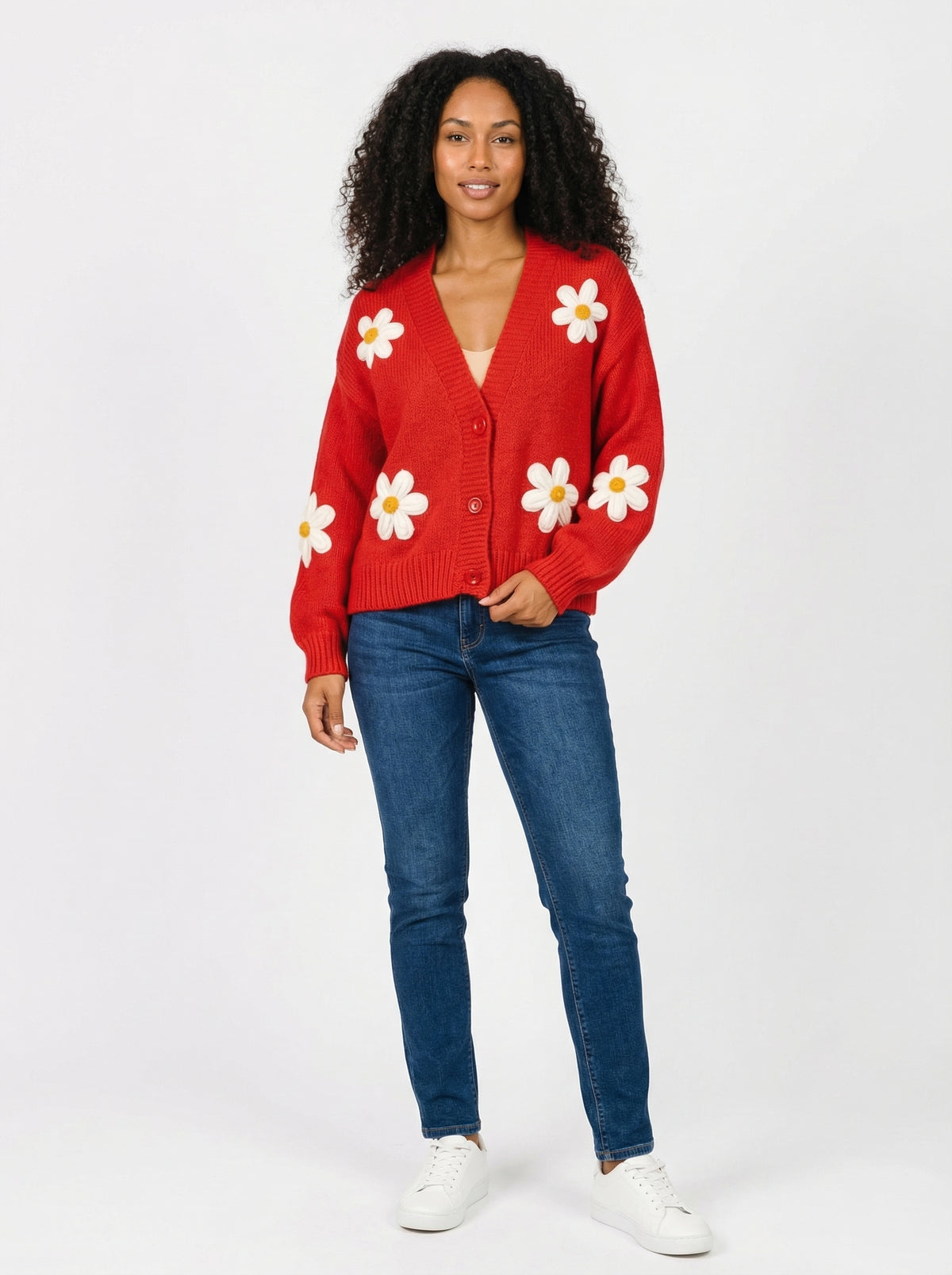 Cardigan Daisys - Cream - Full body studio shot on white background