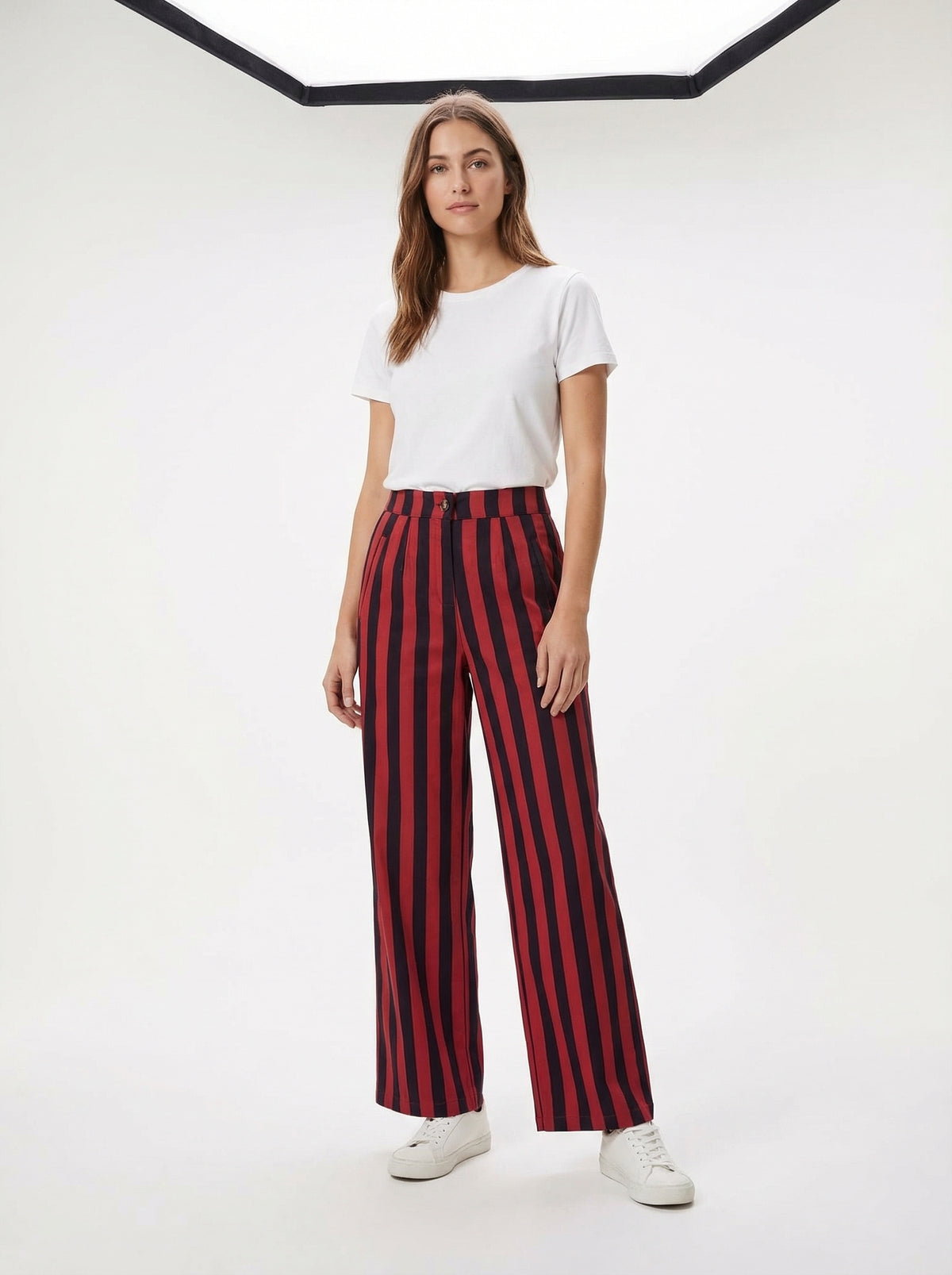 Bold Striped Wide-Leg Pants - Crimson Red - Full body studio shot on white background