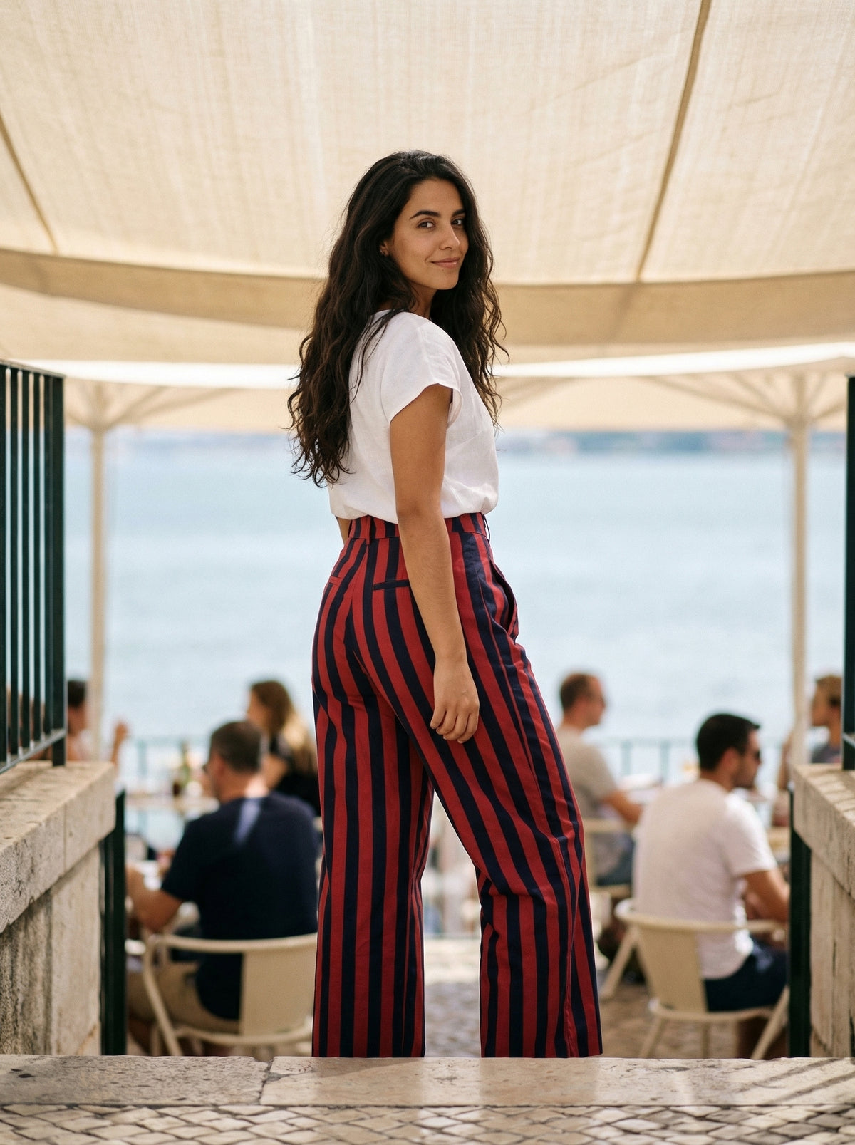 Bold Striped Wide-Leg Pants - Crimson Red - Lifestyle editorial shot