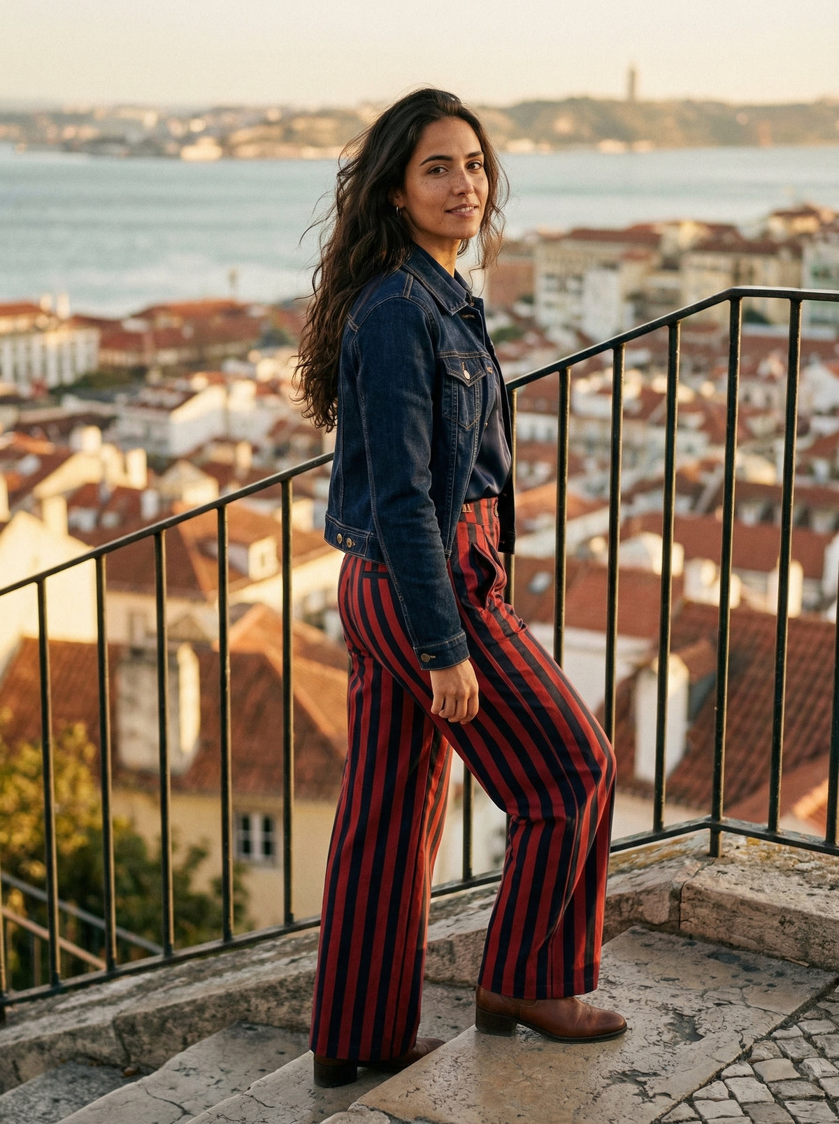 Bold Striped Wide-Leg Pants - Crimson Red - Lifestyle editorial shot