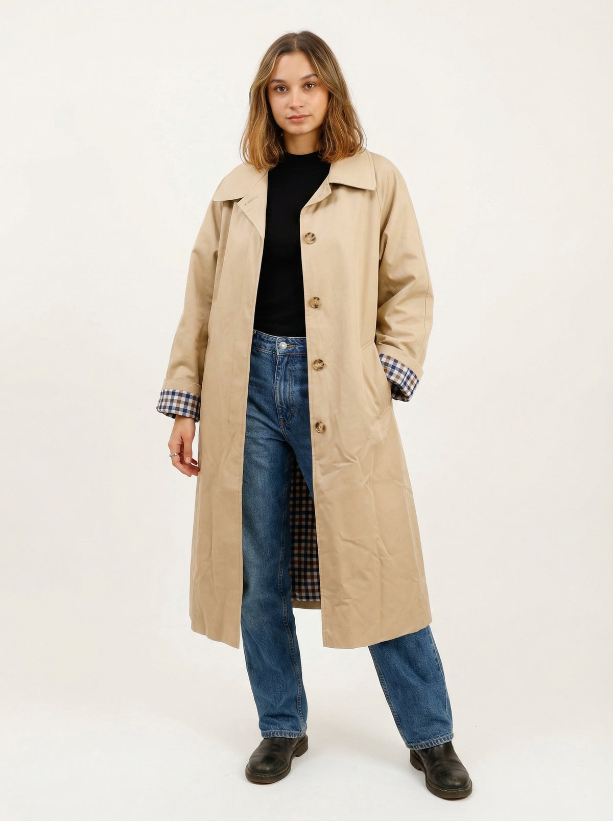 Gingham Lined Trench Coat - Default - Full body studio shot on white background
