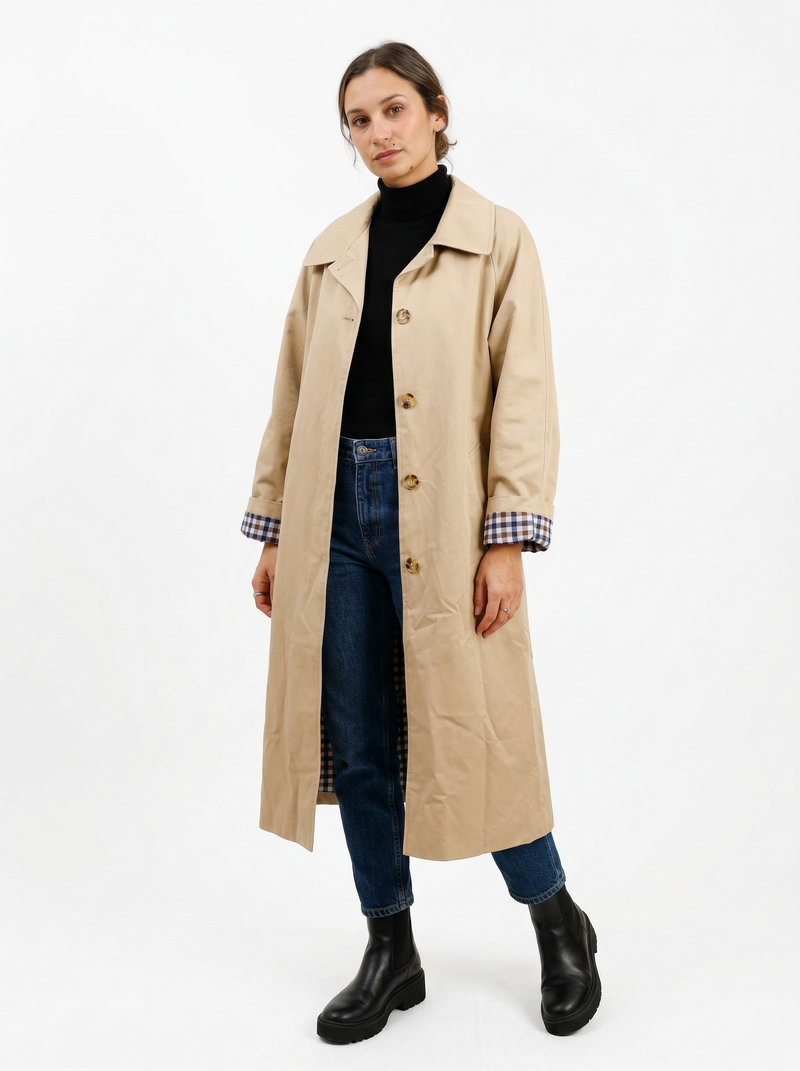 Gingham Lined Trench Coat - Default - Full body studio shot on white background