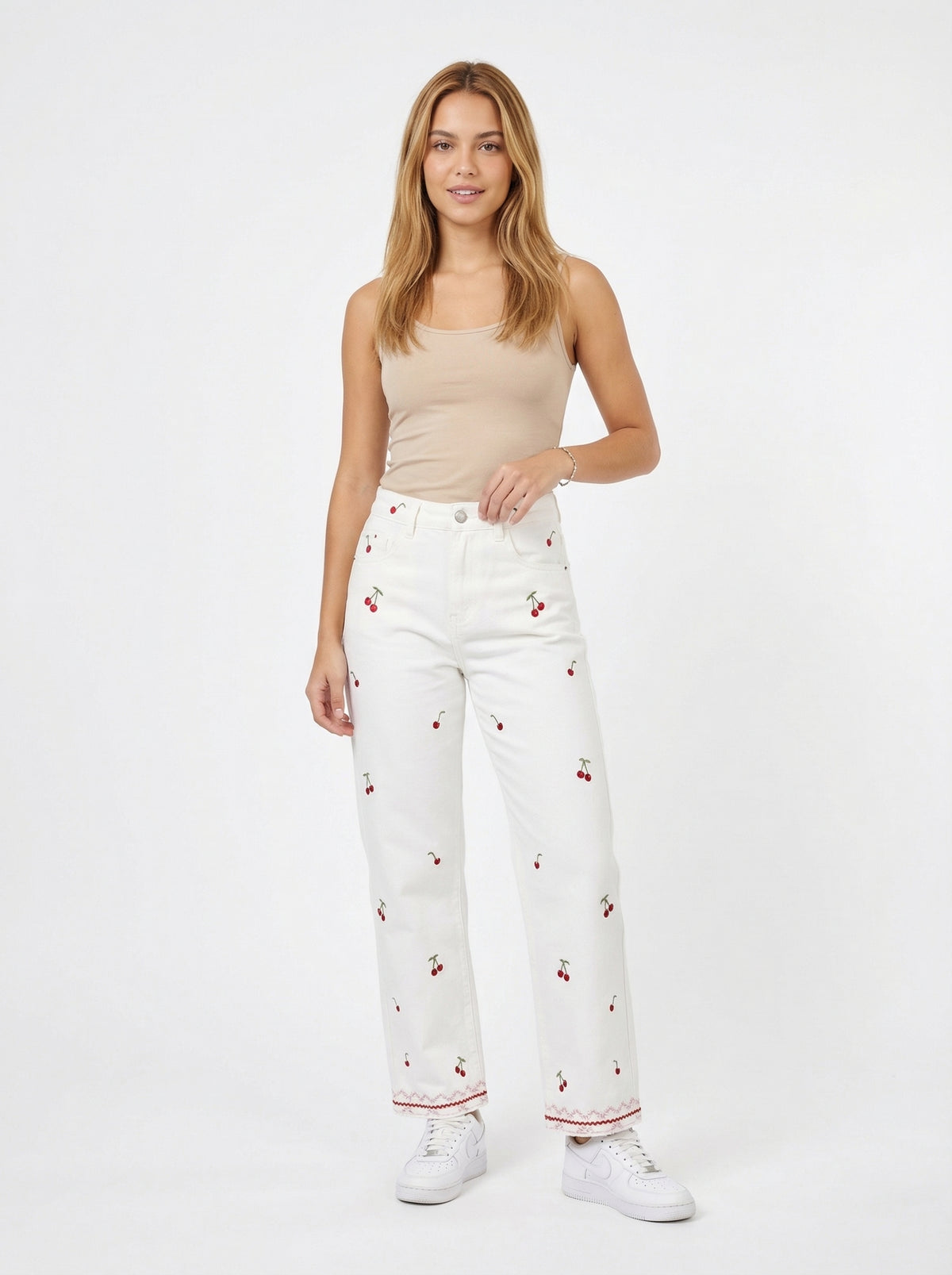 Cherry Embroidered Pants - Default - Full body studio shot on white background