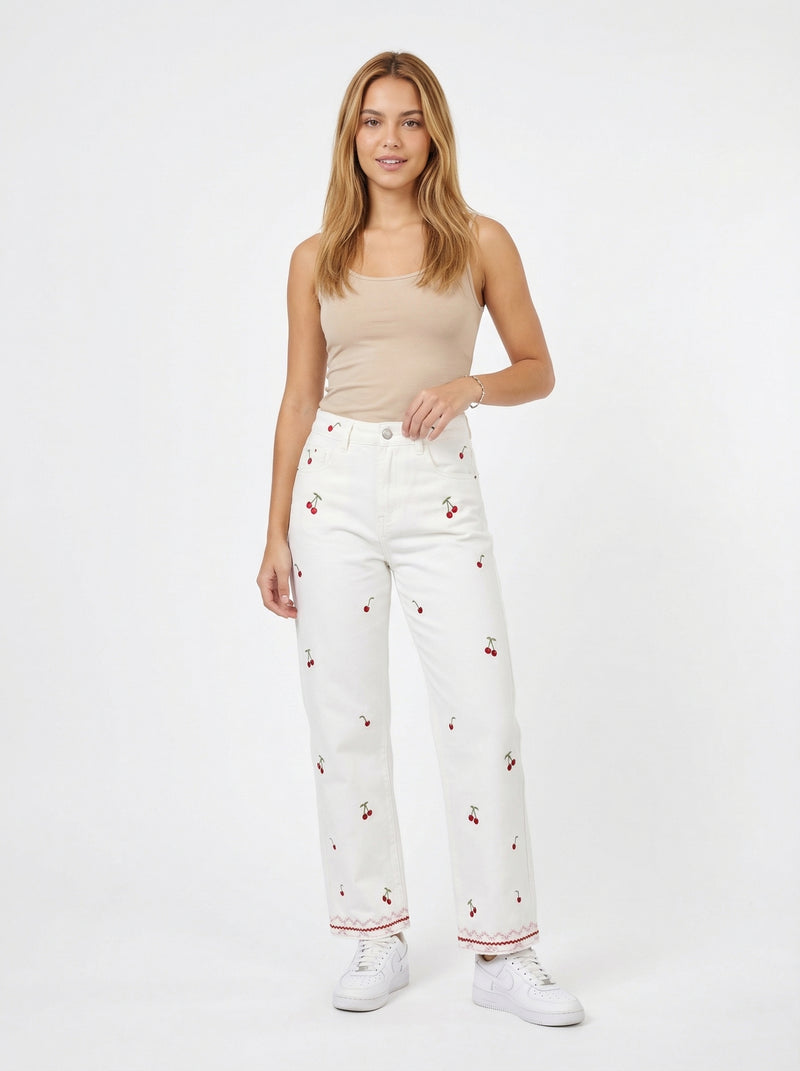 Cherry Embroidered Pants - Default - Full body studio shot on white background