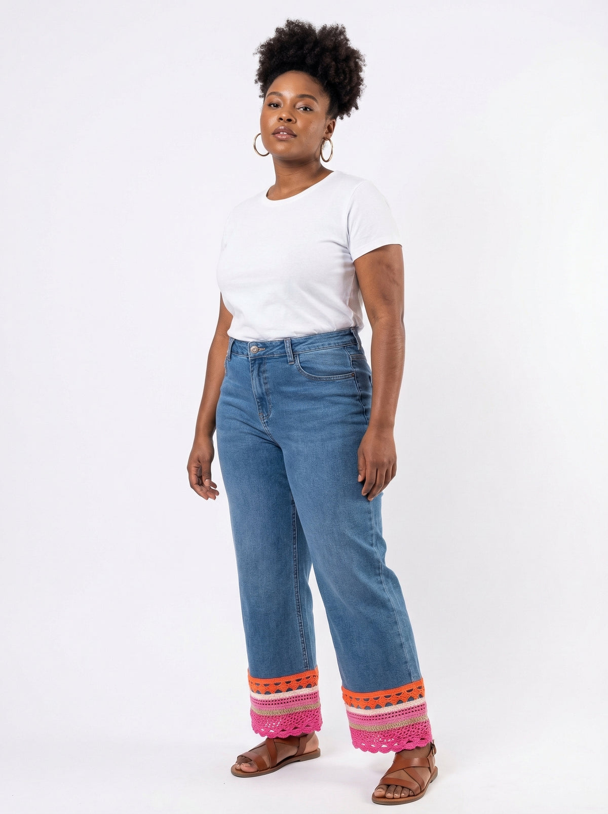 Crochet Trim Denim Pants - Default - Full body studio shot on white background
