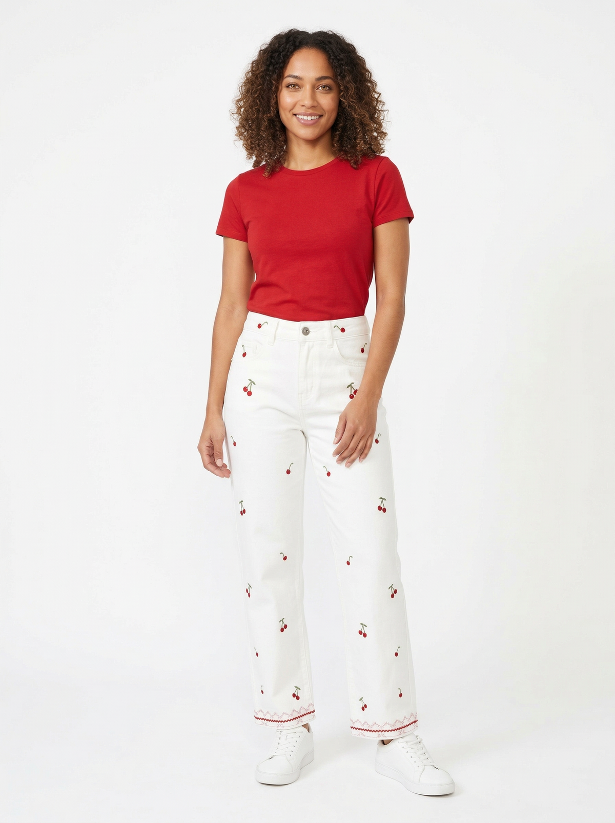 Cherry Embroidered Pants - Default - Full body studio shot on white background