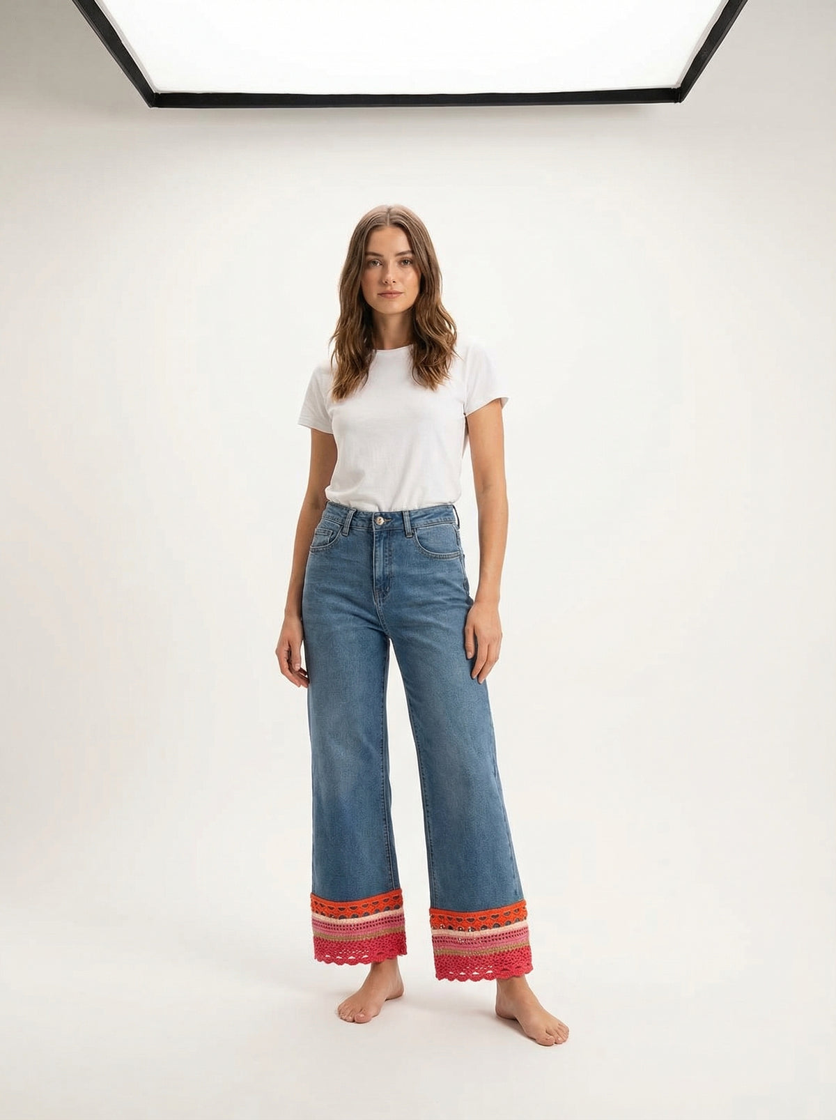 Crochet Trim Denim Pants - Default - Full body studio shot on white background