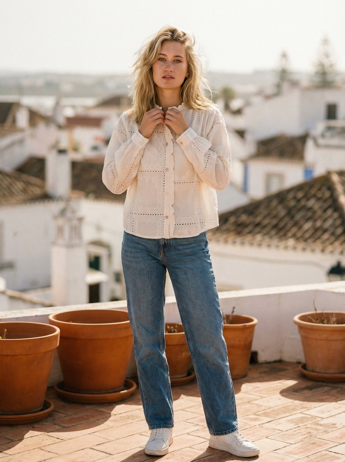 Embroidered Eyelet Blouse Cindy - Default - Lifestyle editorial shot, alternate setting