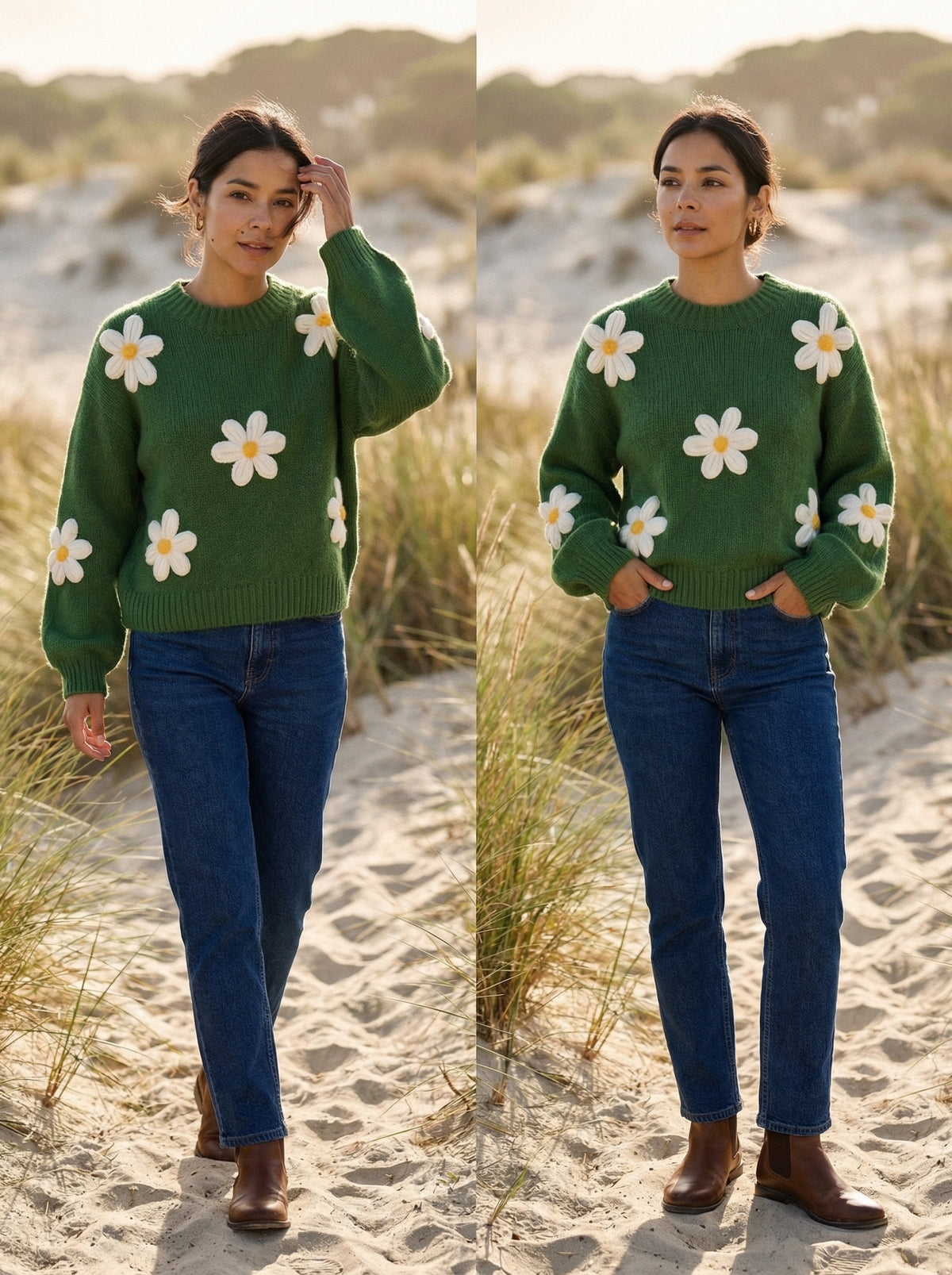 Sweater Daisys - Forest Green - Lifestyle editorial shot