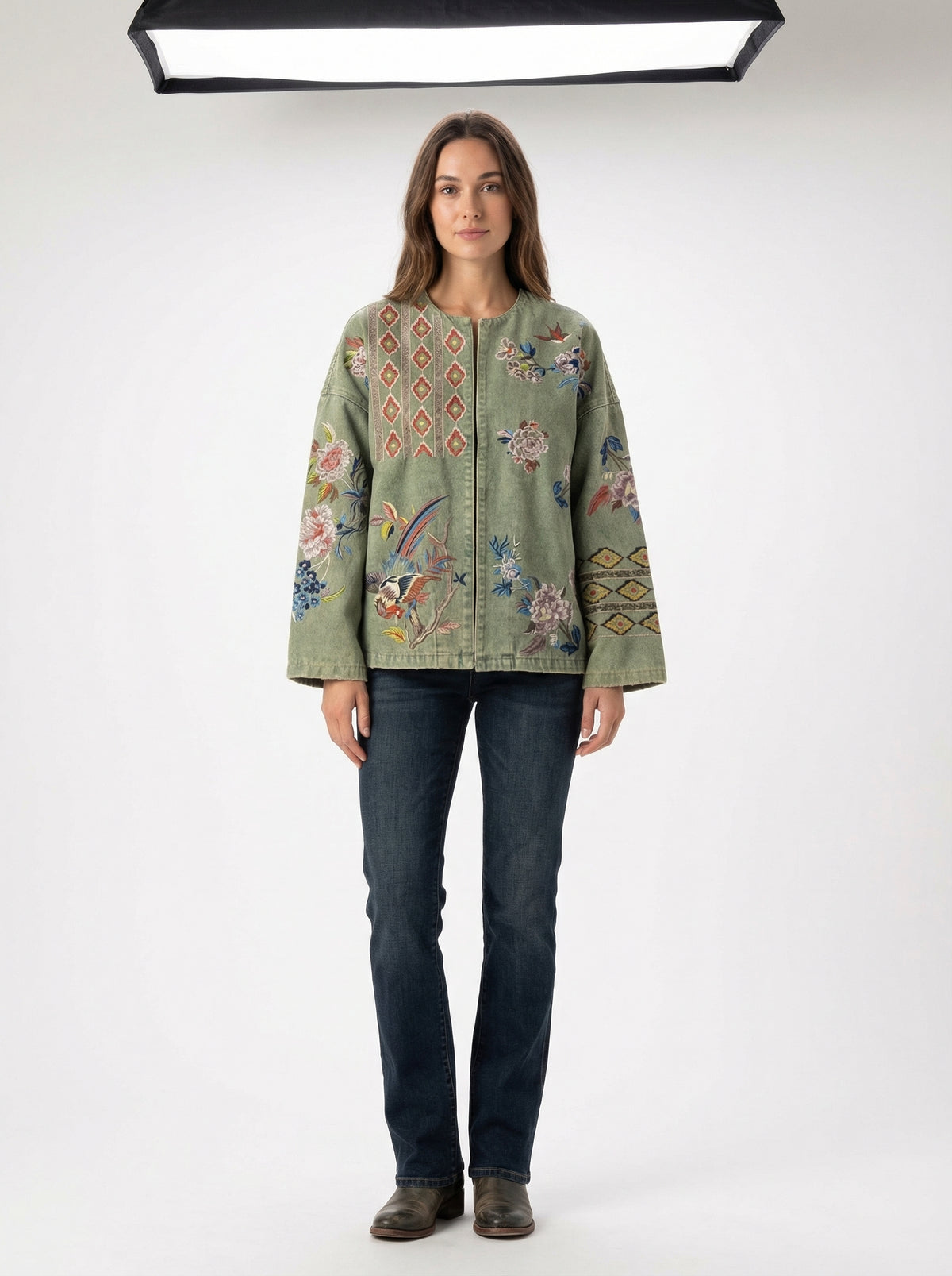 Artisan Embroidered Jacket - Green - Full body studio shot on white background