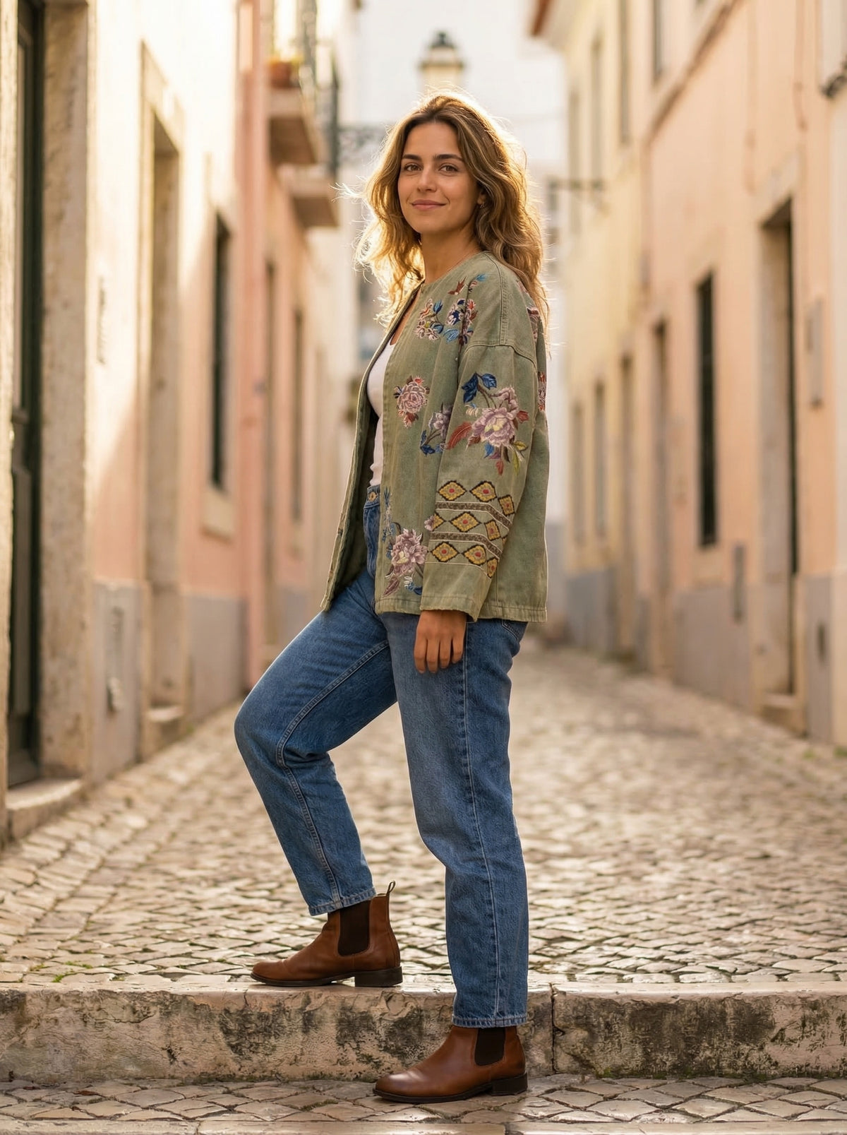 Artisan Embroidered Jacket - Green - Lifestyle editorial shot