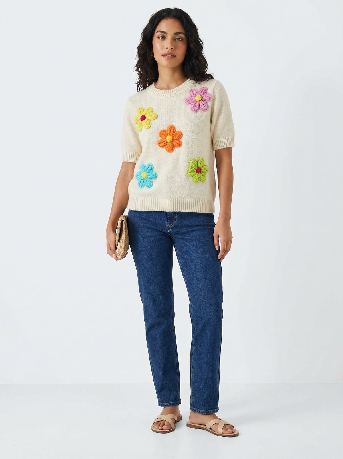 Daisy Short Sleeve Knit Sweater - Ivory - Full body studio shot on white background