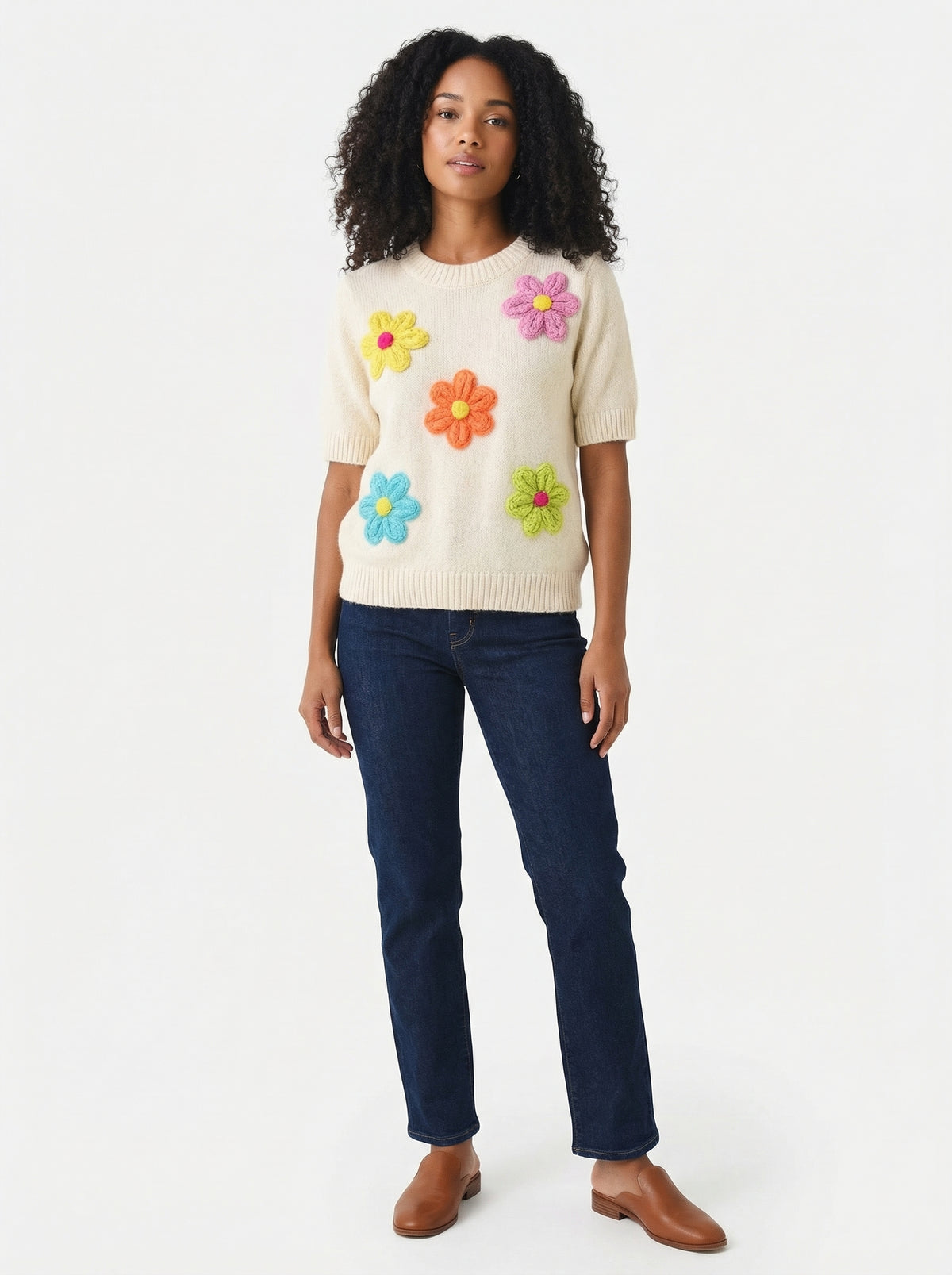 Daisy Short Sleeve Knit Sweater - Ivory - Full body studio shot on white background