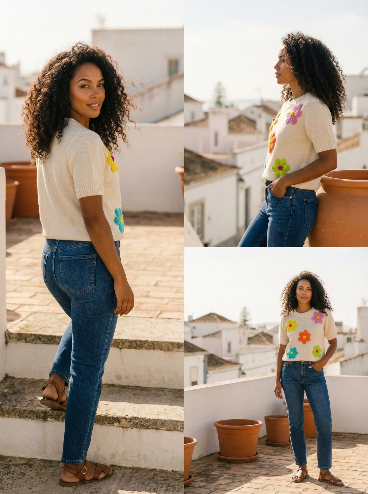 Daisy Short Sleeve Knit Sweater - Ivory - Lifestyle editorial shot