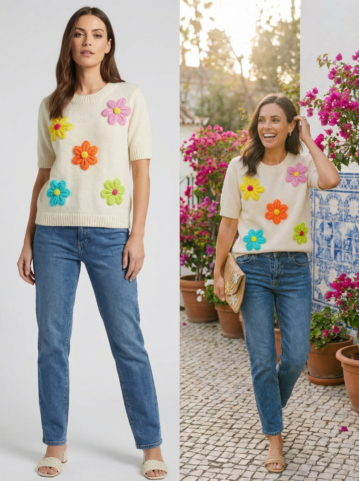 Daisy Short Sleeve Knit Sweater - Ivory - Lifestyle editorial shot