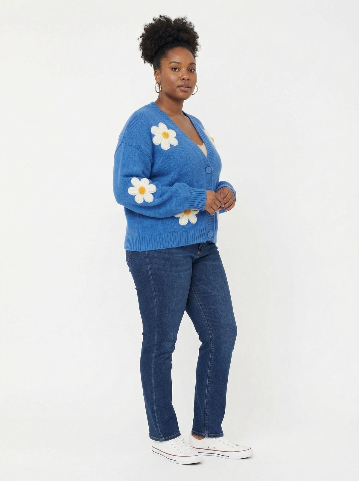 Cardigan Daisys - Navy Blue - Full body studio shot on white background