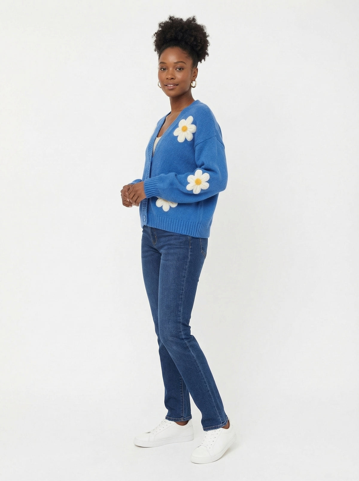 Cardigan Daisys - Navy Blue - Full body studio shot on white background