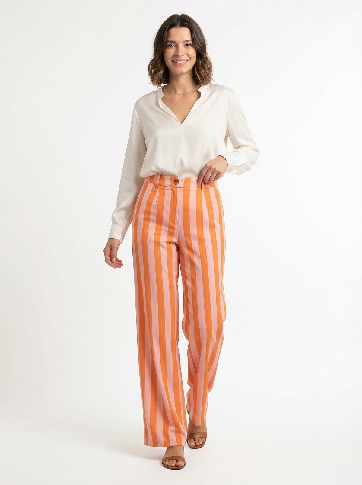 Bold Striped Wide-Leg Pants - Orange - Full body studio shot on white background