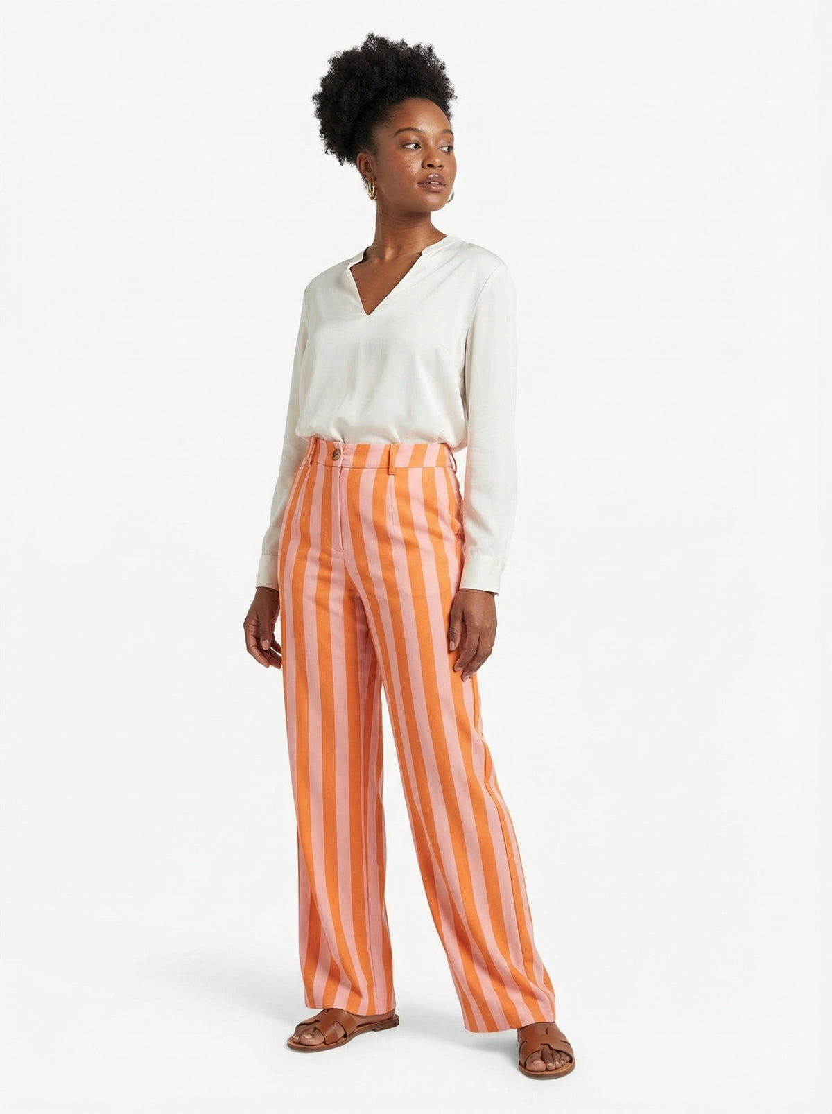 Bold Striped Wide-Leg Pants - Orange - Full body studio shot on white background