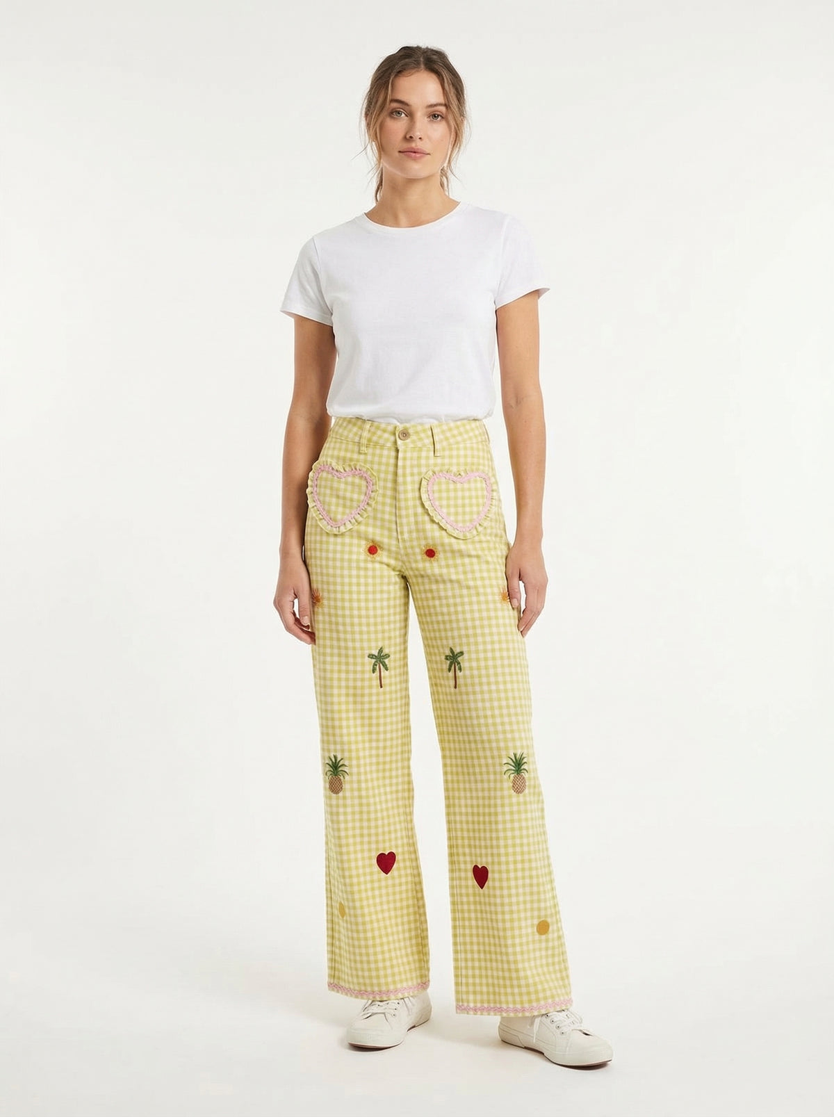 Vichy Embroidered Heart Pocket Pants - Pink - Full body studio shot on white background